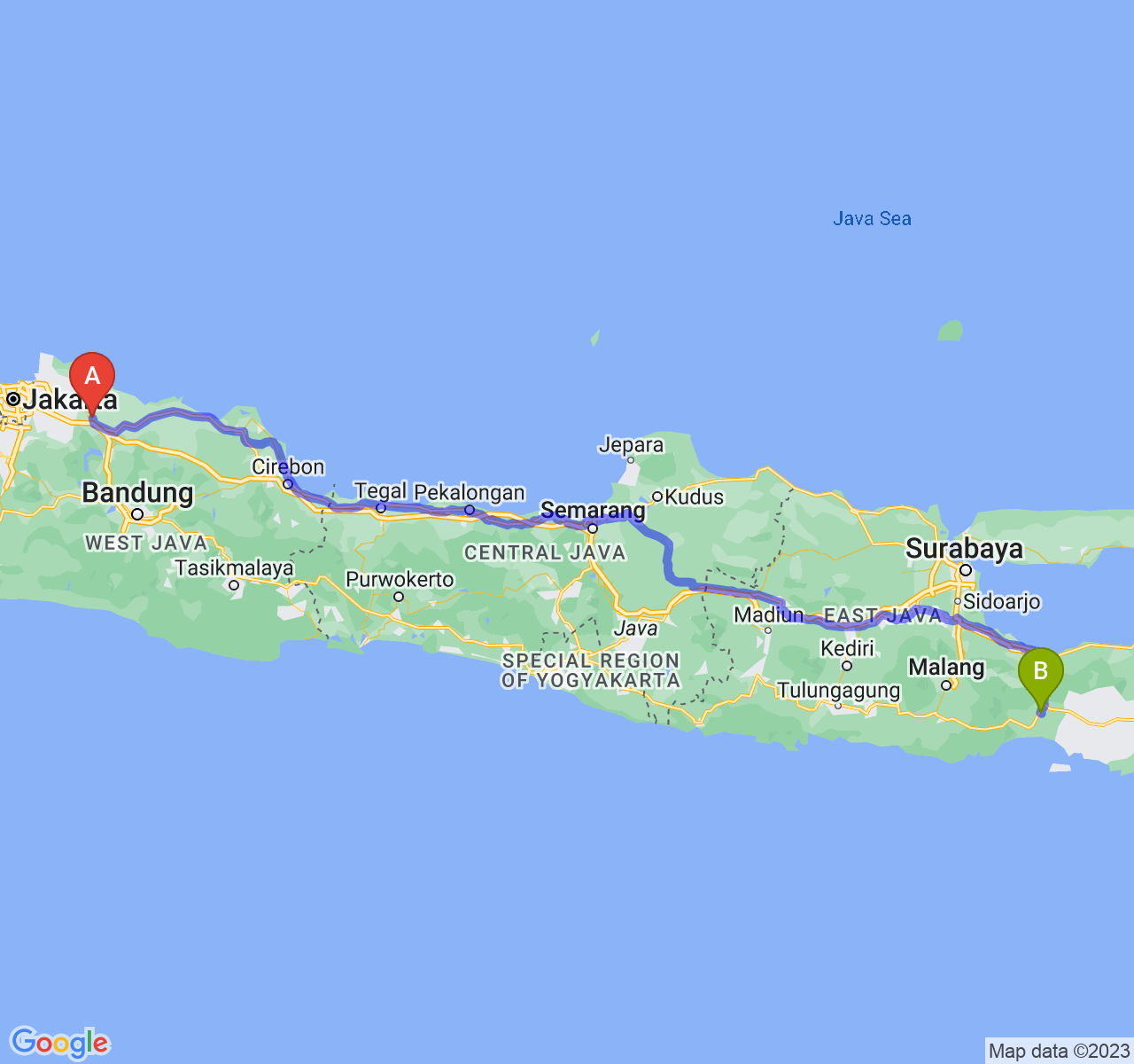 perjalanan dengan rute Kab. Karawang-Kab. Lumajang