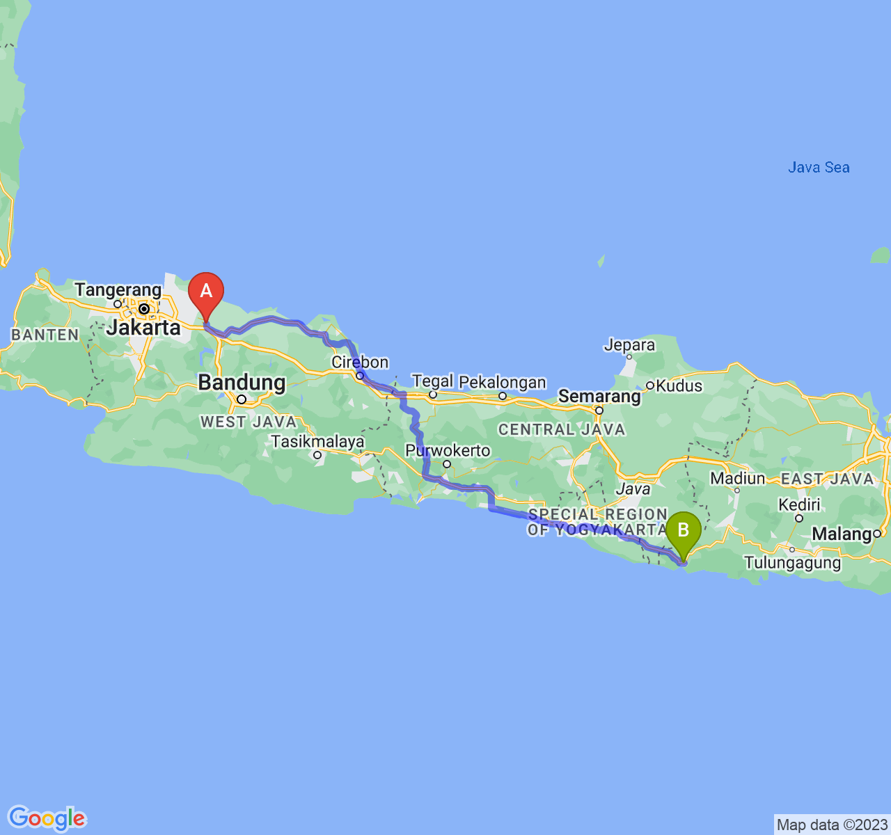 perjalanan dengan rute Kab. Karawang-Kab. Pacitan