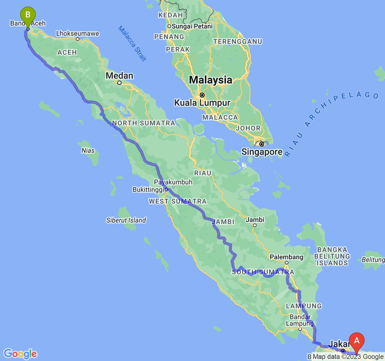 perjalanan dengan rute Kab. Karawang-Kota Banda Aceh