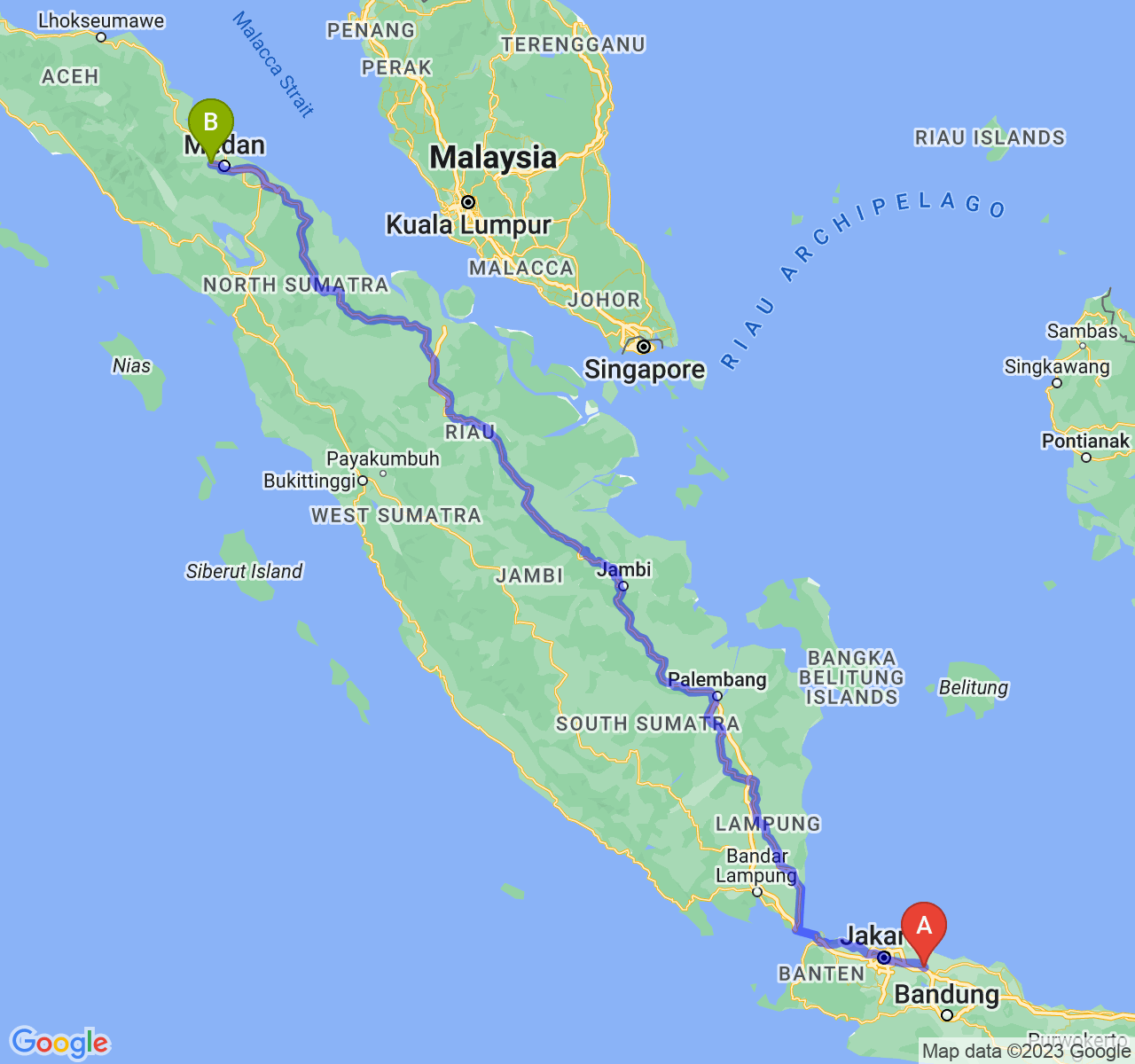 perjalanan dengan rute Kab. Karawang-Kota Binjai