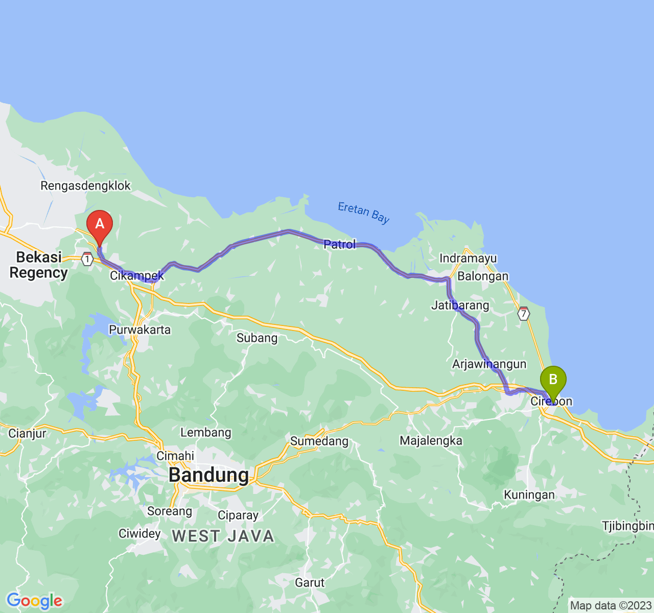 perjalanan dengan rute Kab. Karawang-Kota Cirebon