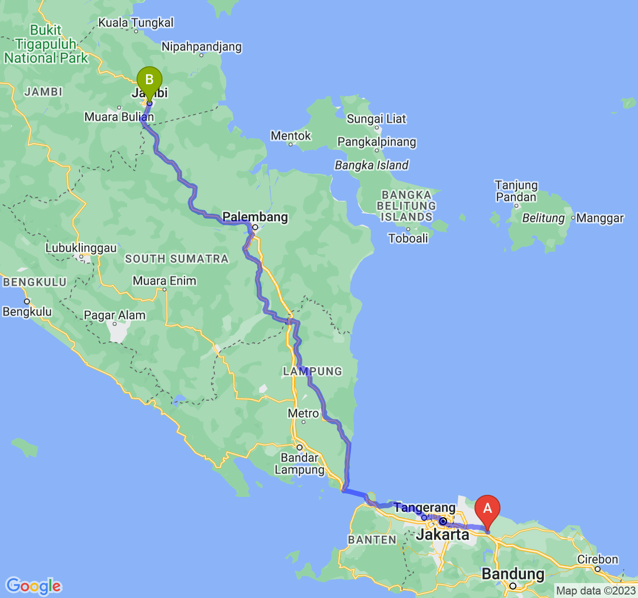 perjalanan dengan rute Kab. Karawang-Kota Jambi