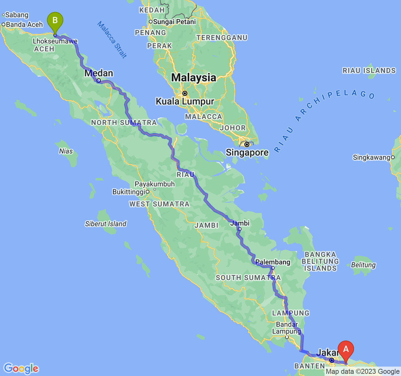 perjalanan dengan rute Kab. Karawang-Kota Lhokseumawe