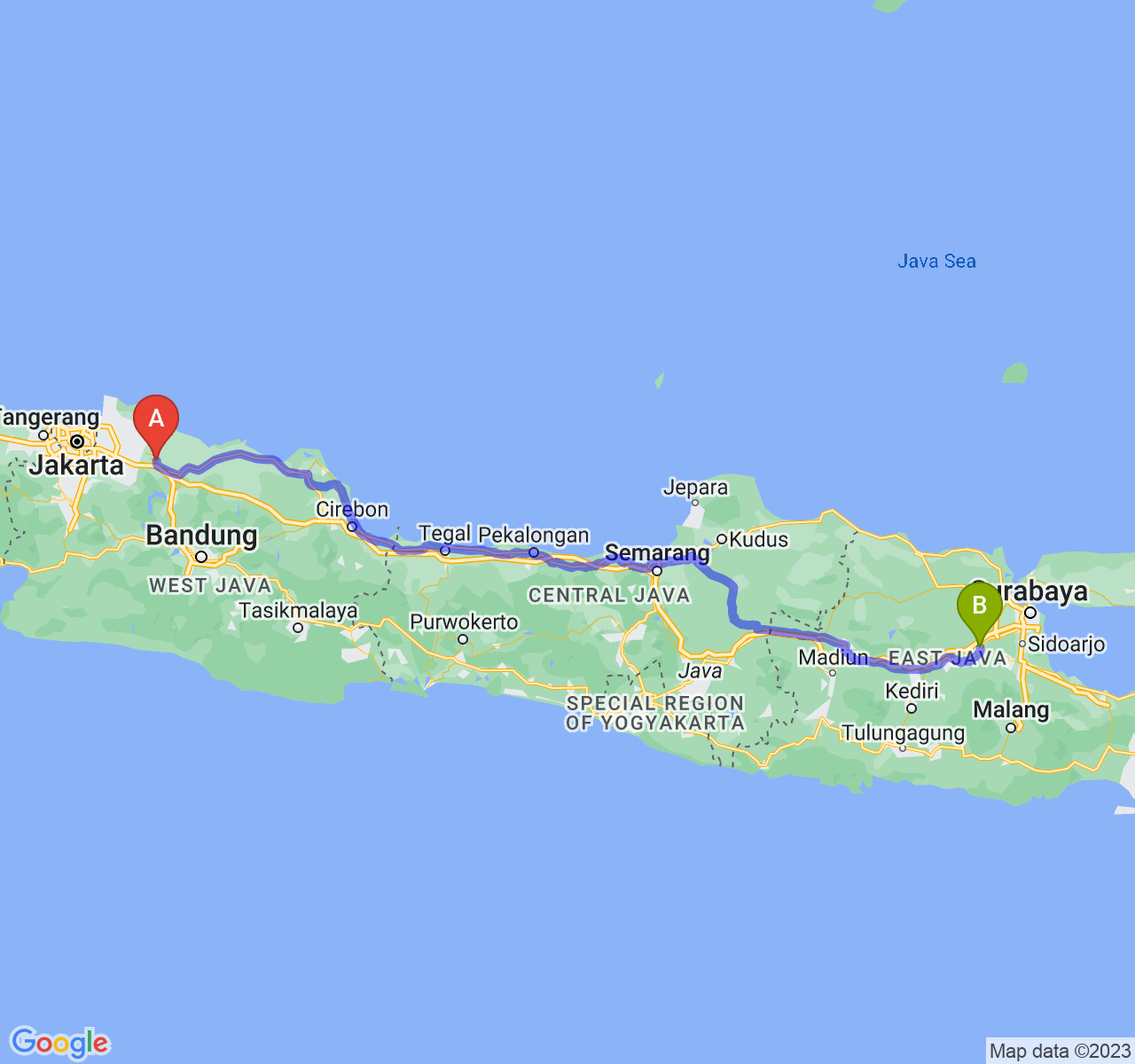 perjalanan dengan rute Kab. Karawang-Kota Mojokerto