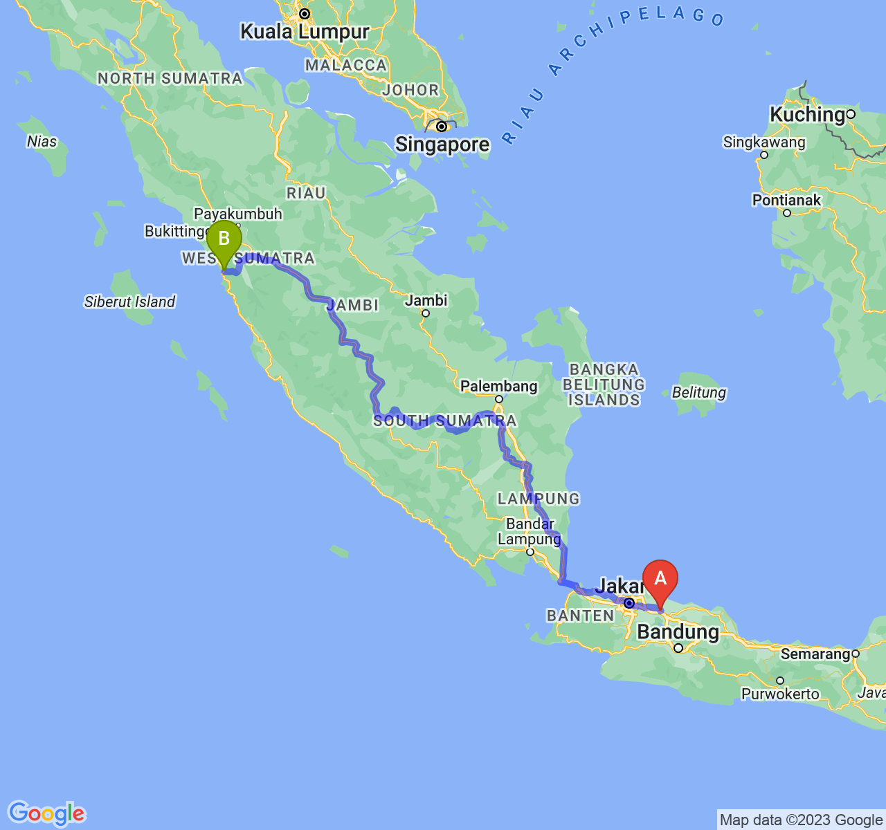 perjalanan dengan rute Kab. Karawang-Kota Padang