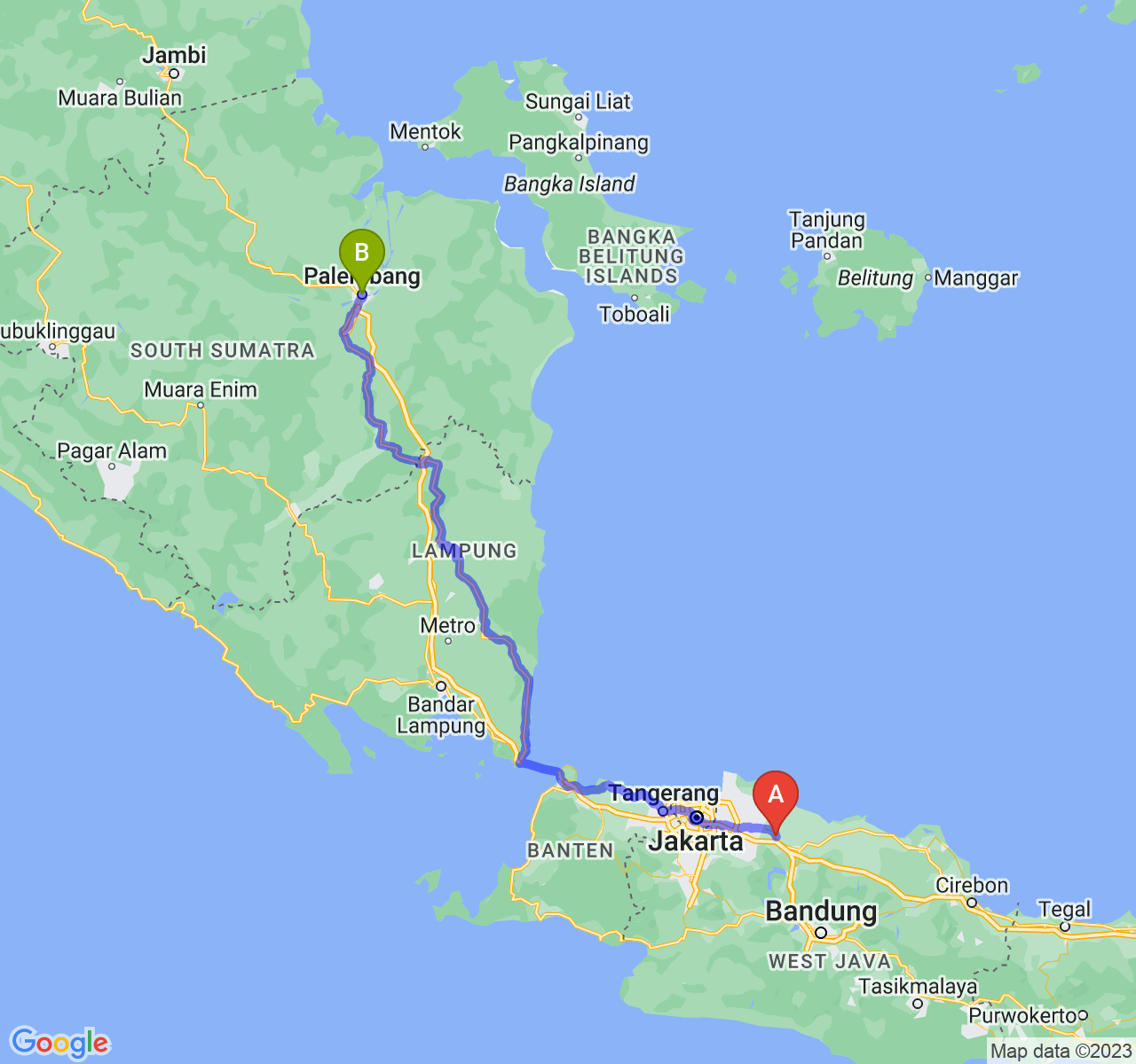 perjalanan dengan rute Kab. Karawang-Kota Palembang