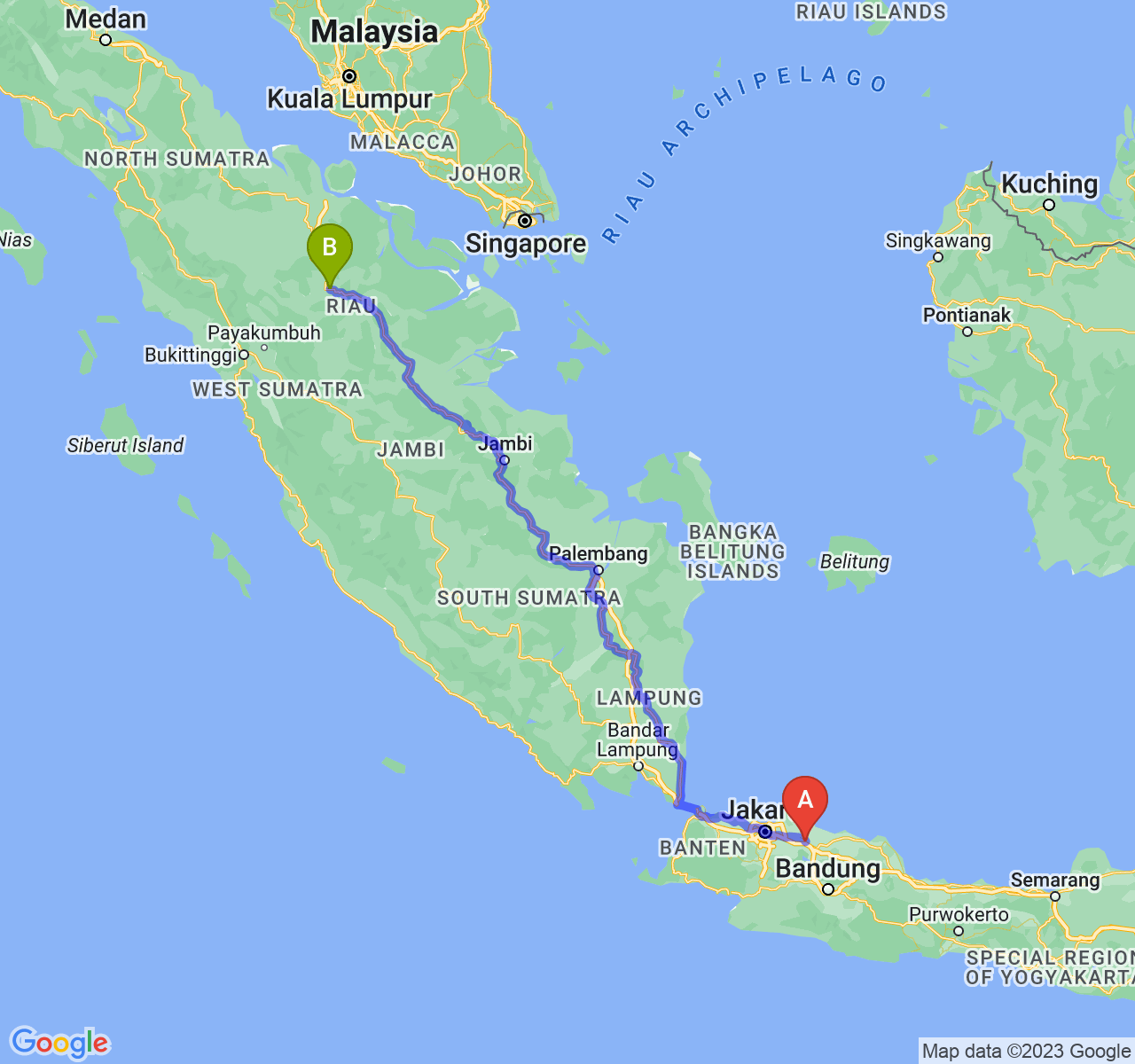 perjalanan dengan rute Kab. Karawang-Kota Pekanbaru