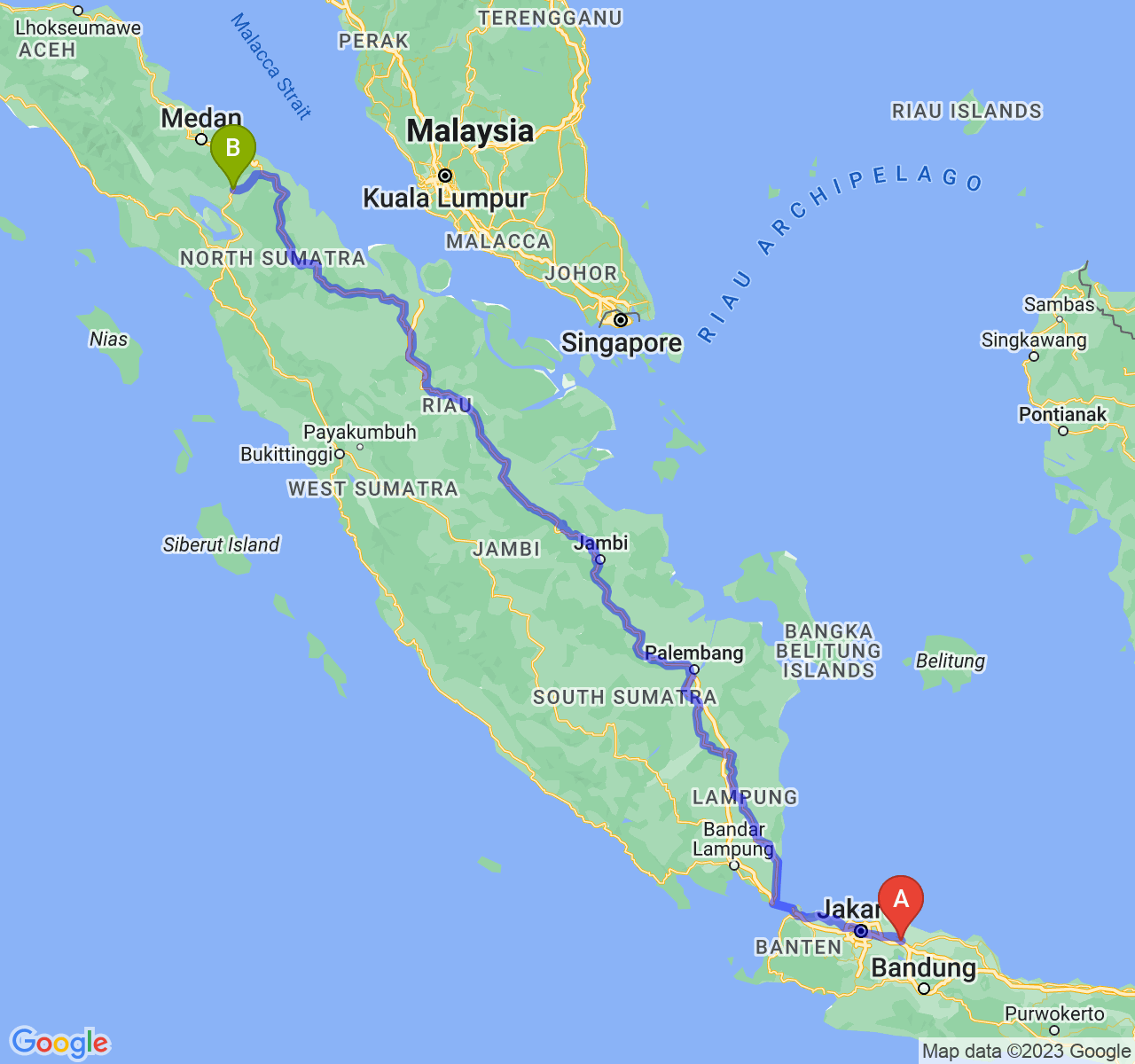 perjalanan dengan rute Kab. Karawang-Kota Pematangsiantar