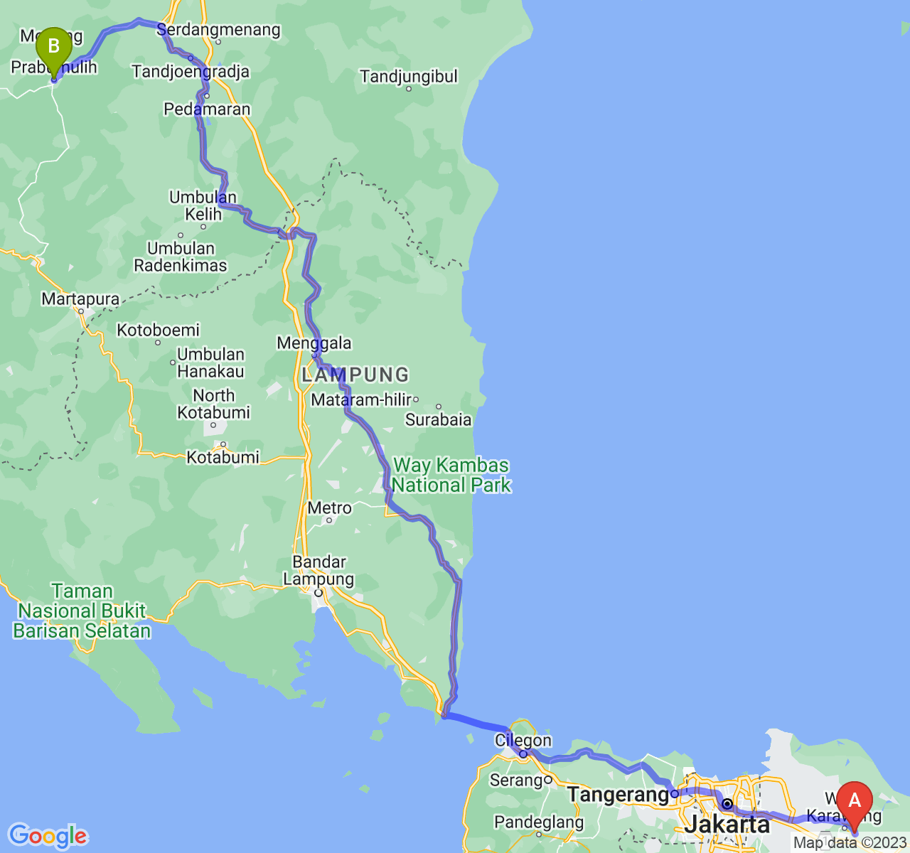 perjalanan dengan rute Kab. Karawang-Kota Prabumulih