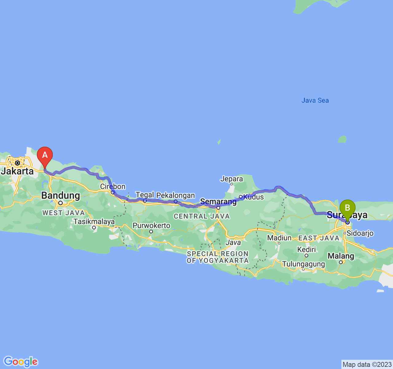 perjalanan dengan rute Kab. Karawang-Kota Surabaya