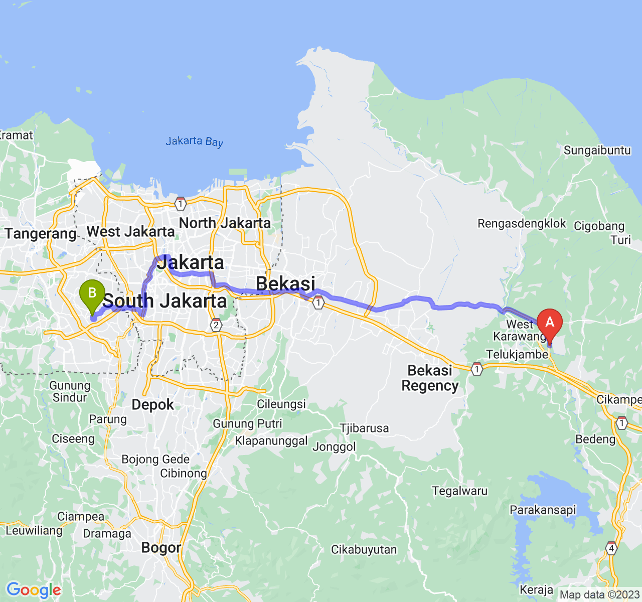 perjalanan dengan rute Kab. Karawang-Kota Tangerang Selatan