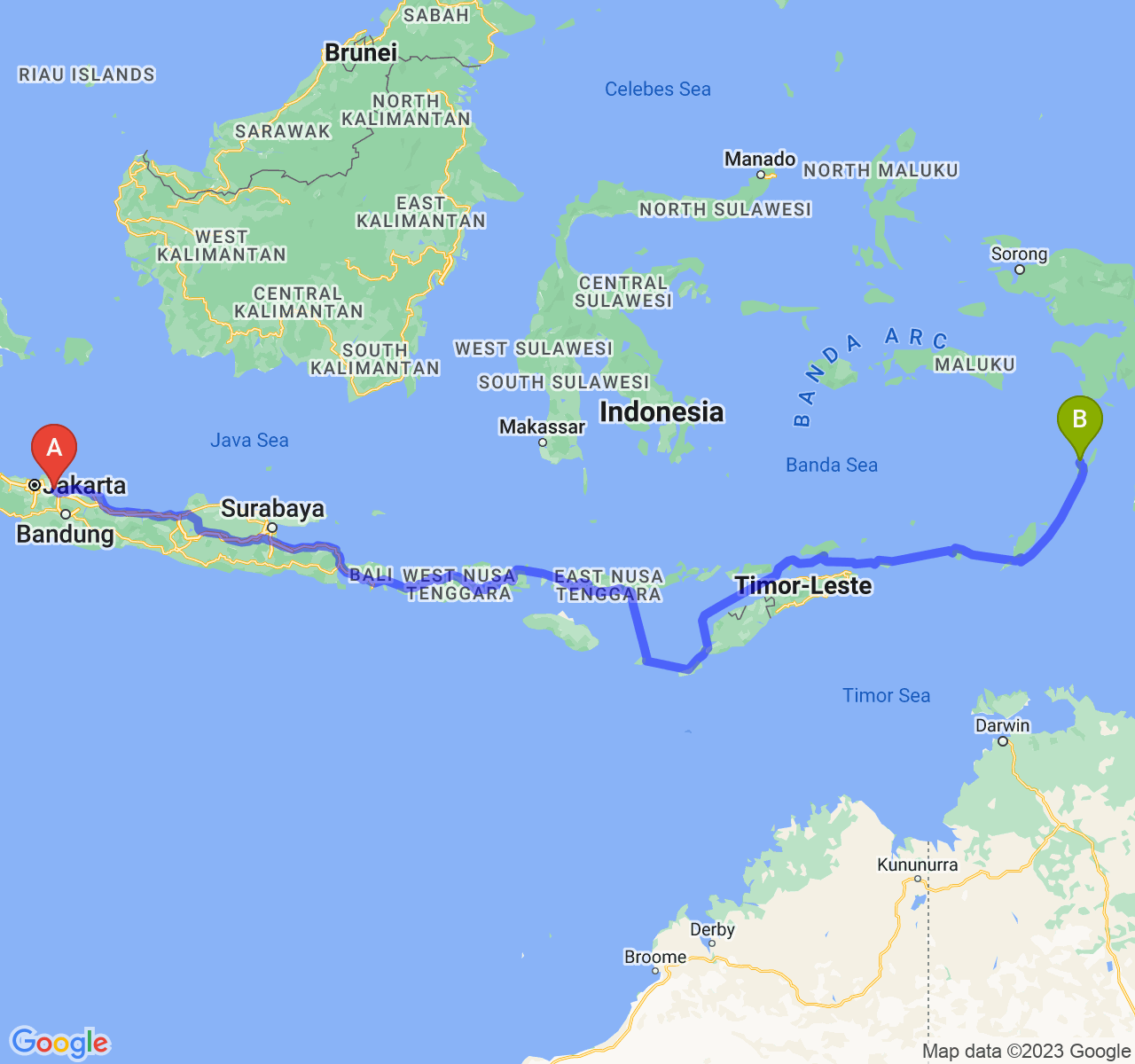 perjalanan dengan rute Kab. Karawang-Kota Tual