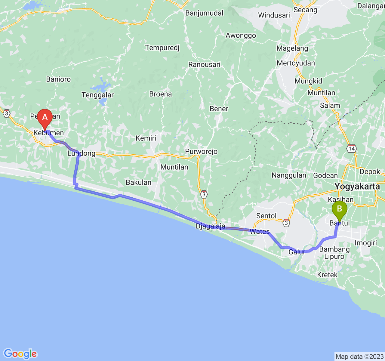 perjalanan dengan rute Kab. Kebumen-Kab. Bantul