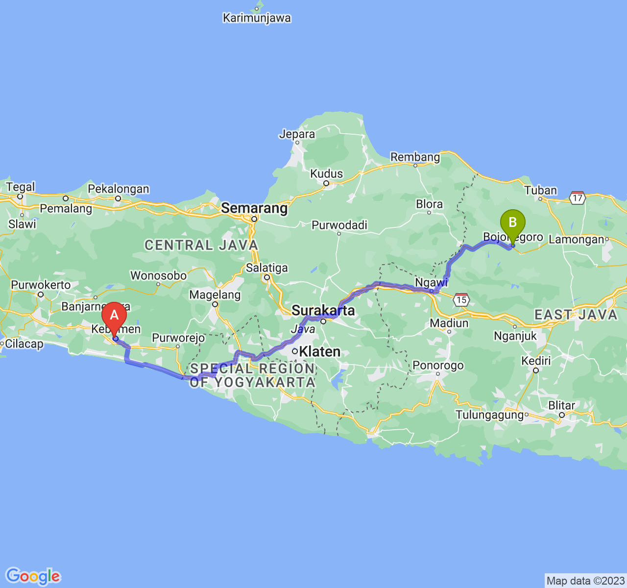 perjalanan dengan rute Kab. Kebumen-Kab. Bojonegoro