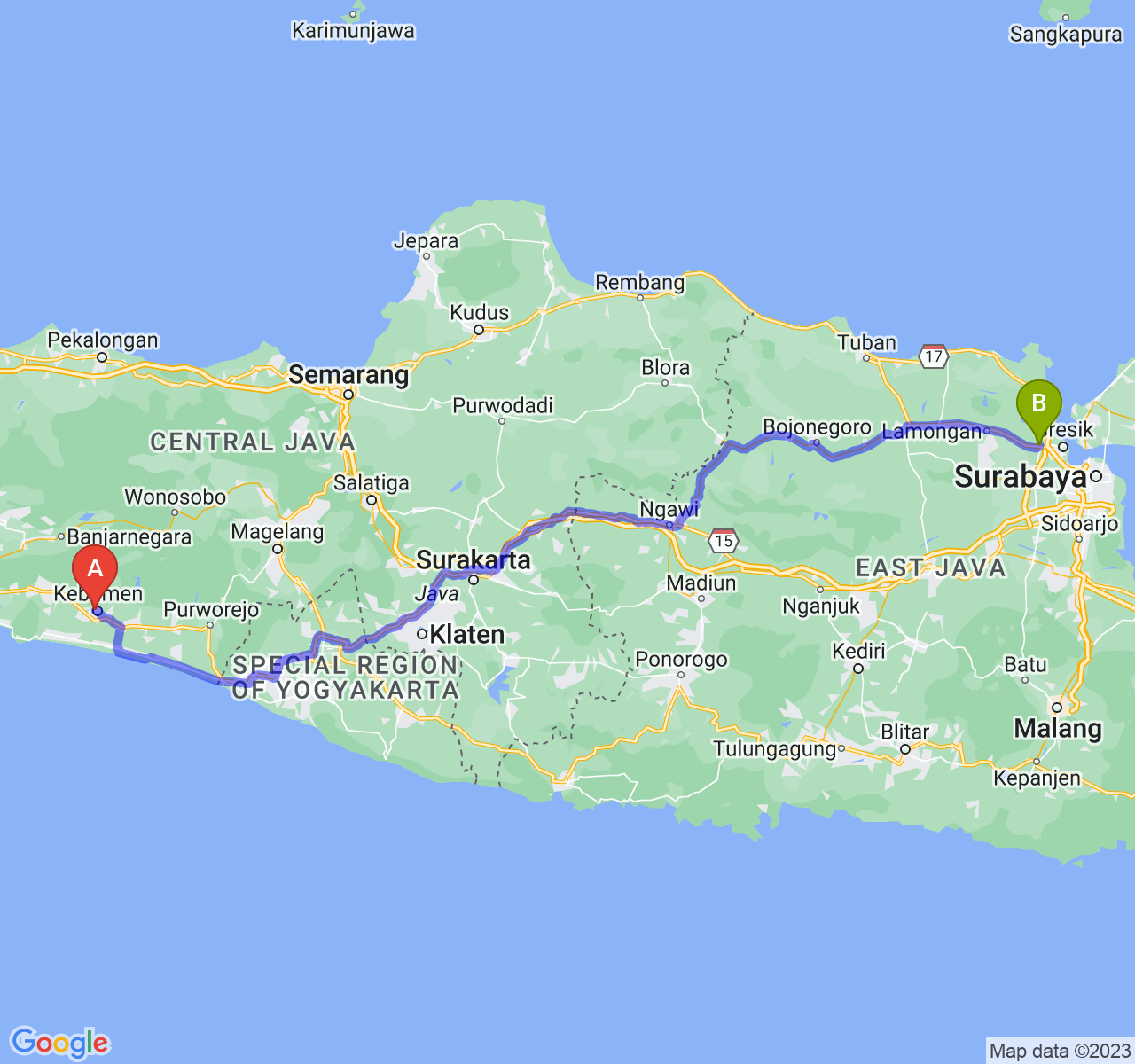 perjalanan dengan rute Kab. Kebumen-Kab. Gresik