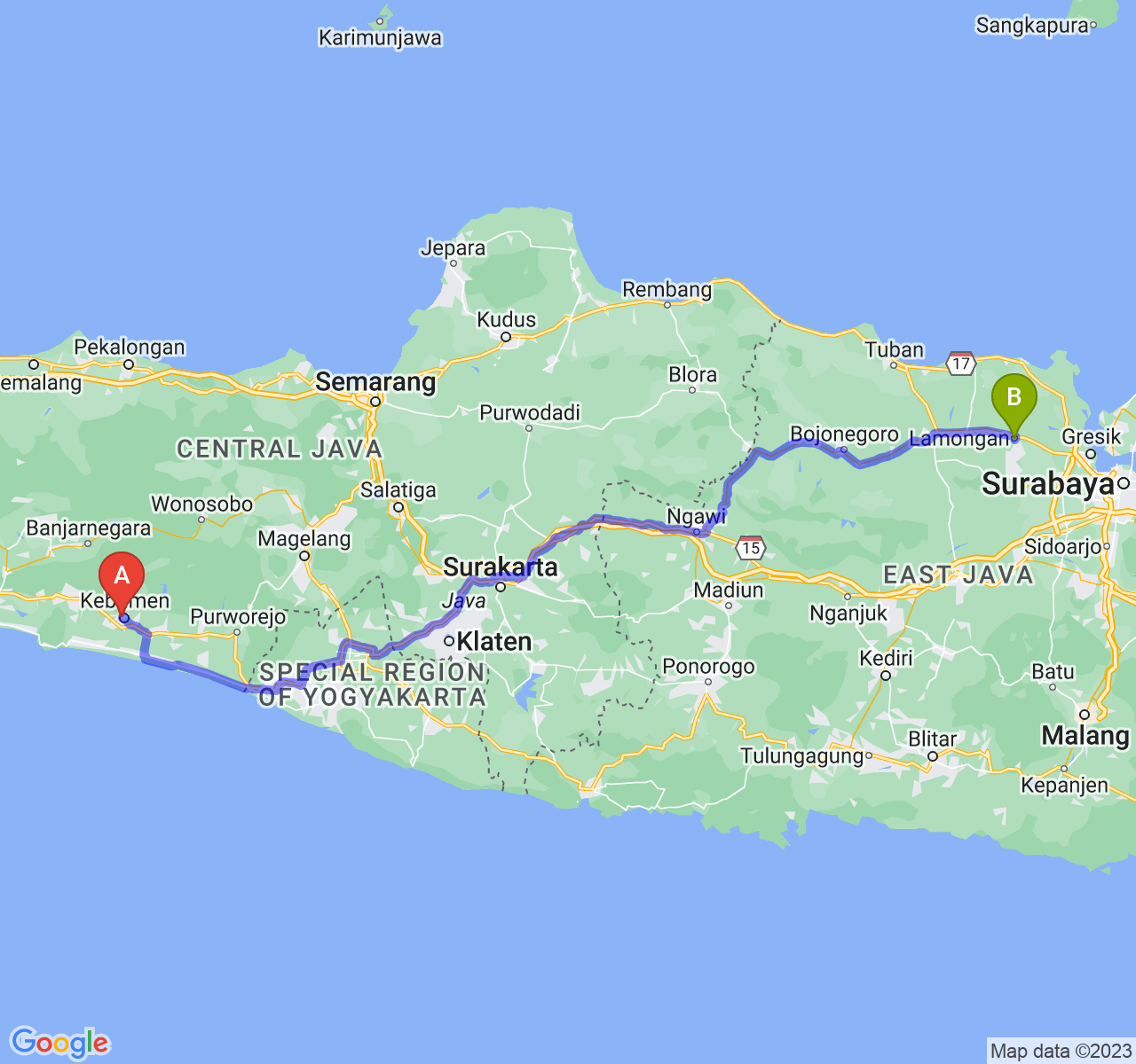 perjalanan dengan rute Kab. Kebumen-Kab. Lamongan