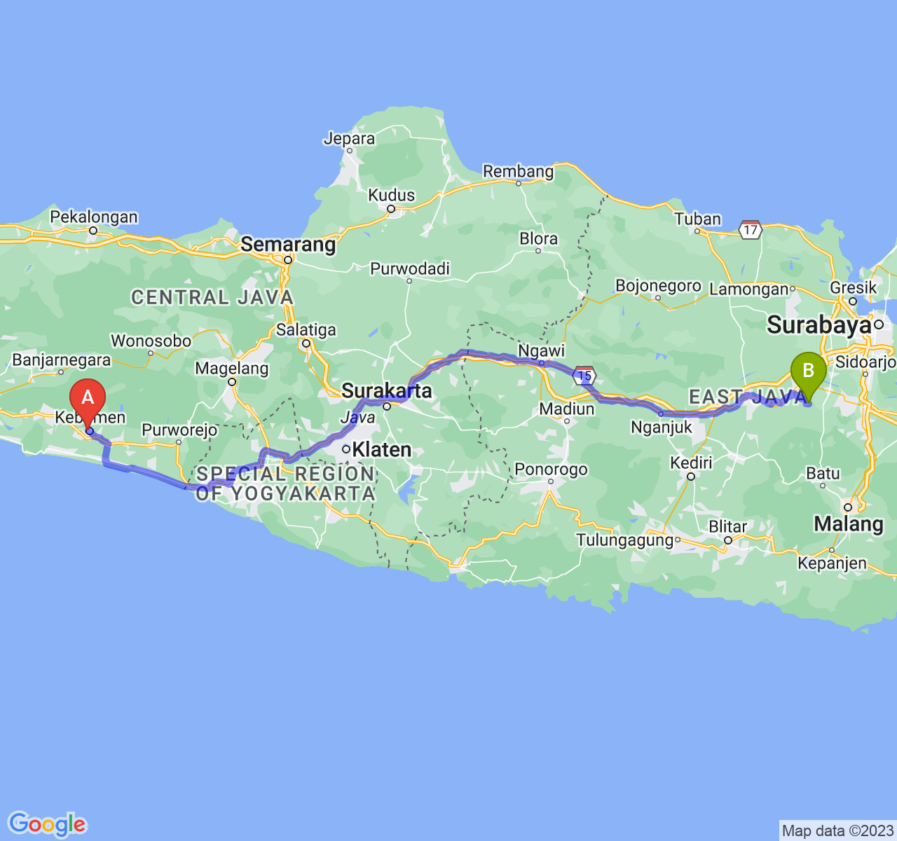 perjalanan dengan rute Kab. Kebumen-Kab. Mojokerto