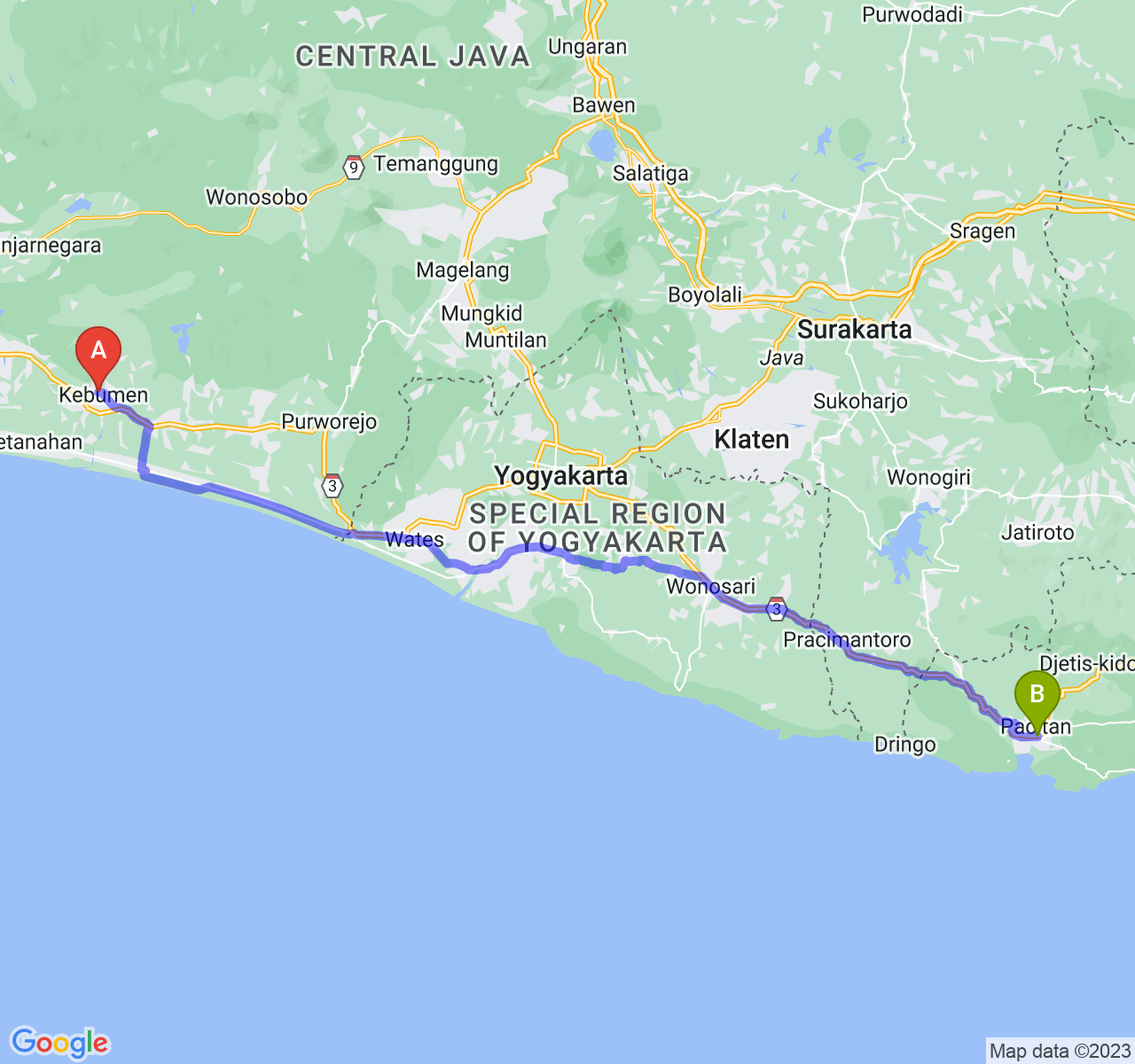 perjalanan dengan rute Kab. Kebumen-Kab. Pacitan