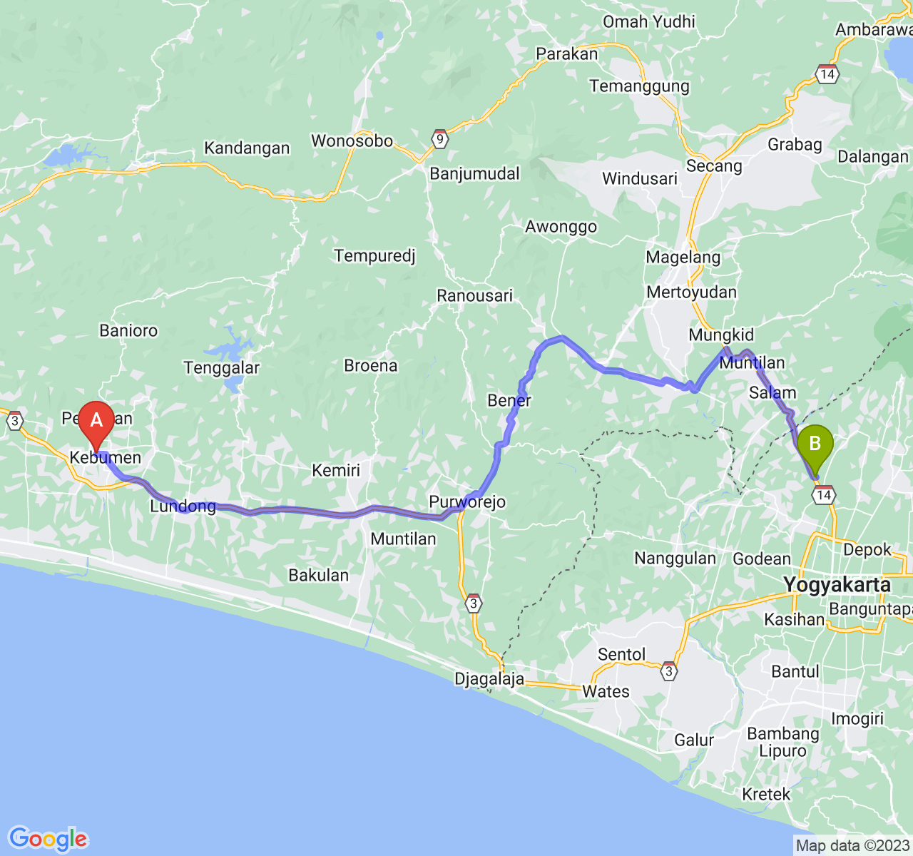 perjalanan dengan rute Kab. Kebumen-Kab. Sleman