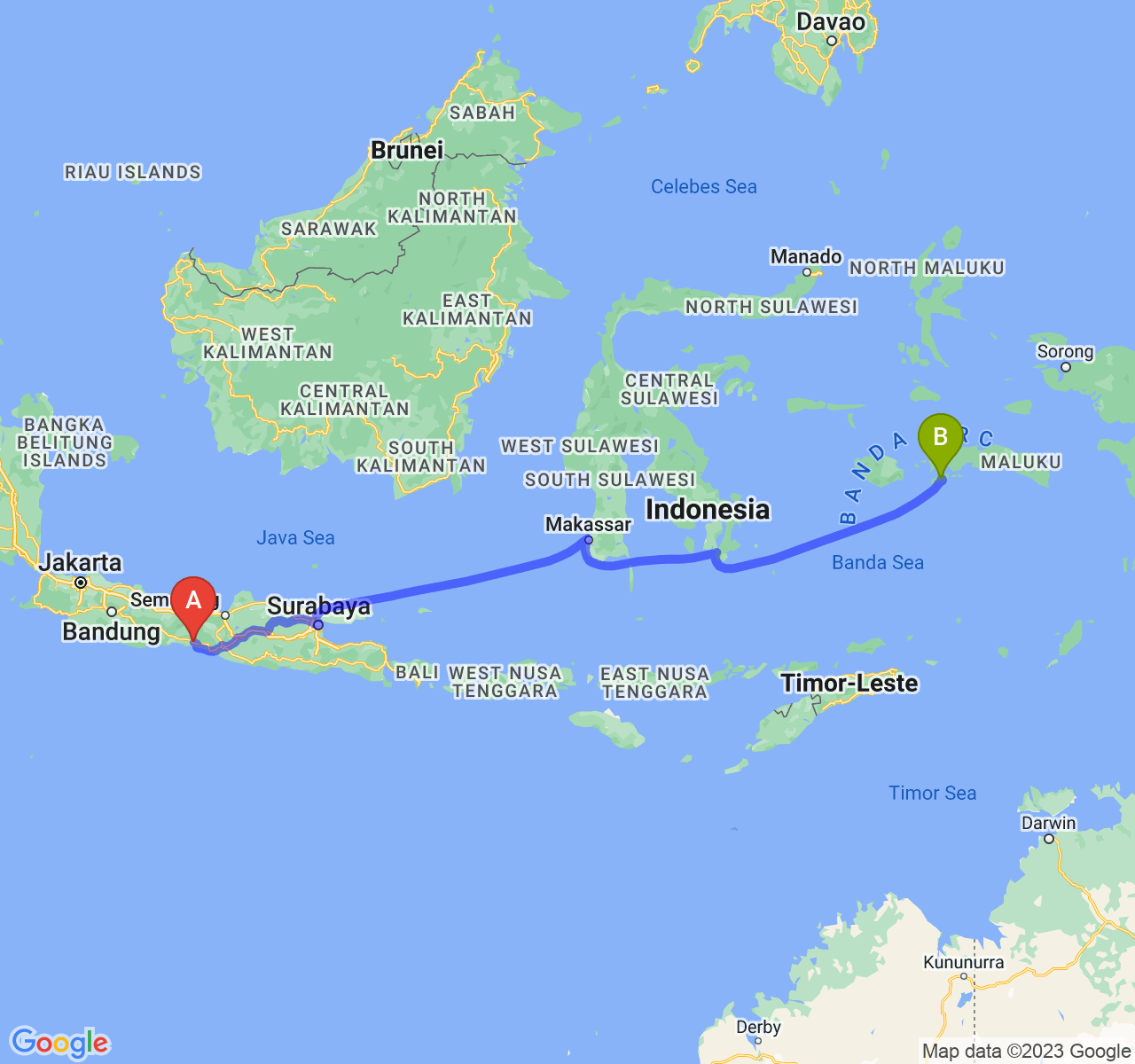 perjalanan dengan rute Kab. Kebumen-Kota Ambon