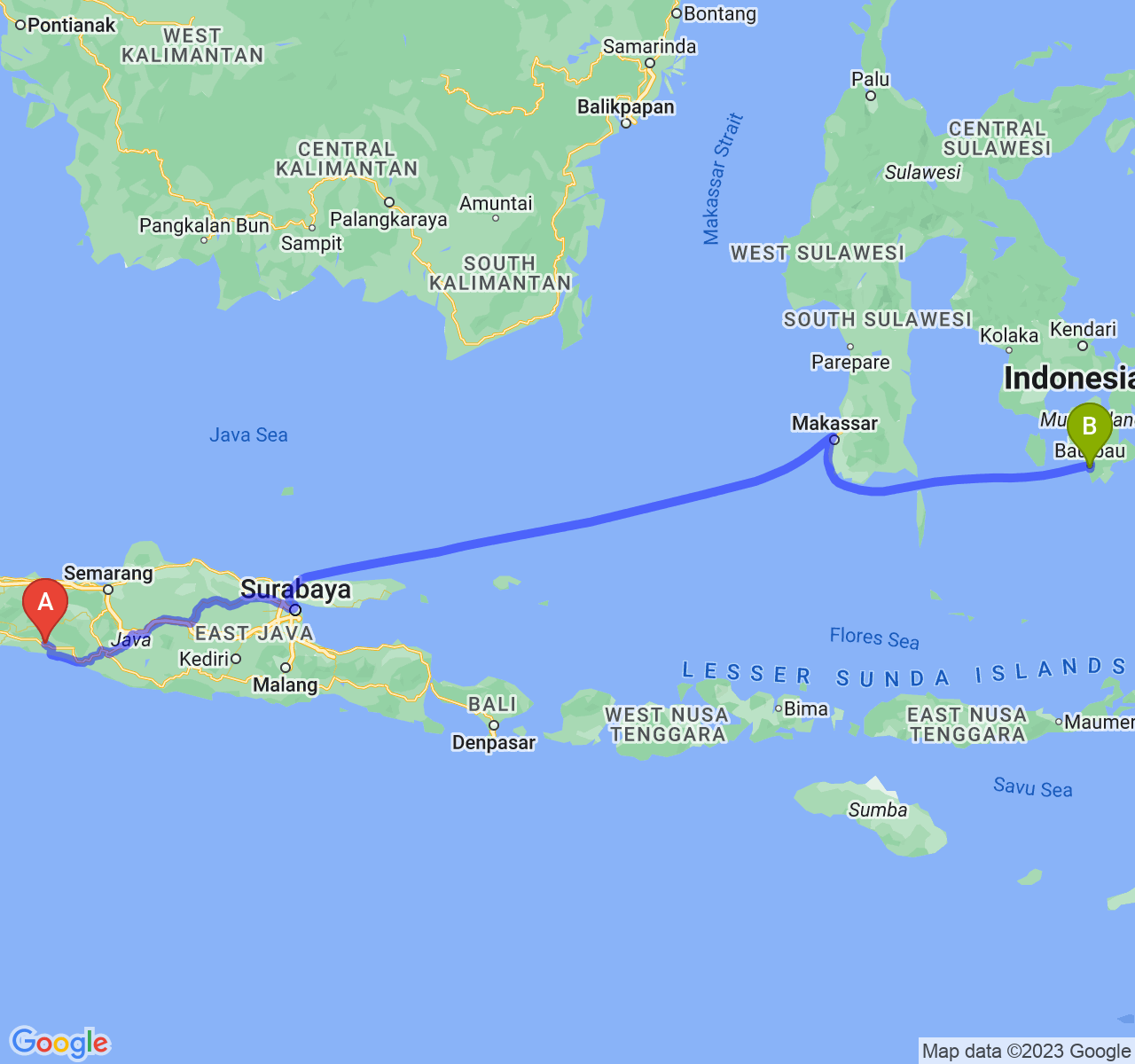 perjalanan dengan rute Kab. Kebumen-Kota Baubau