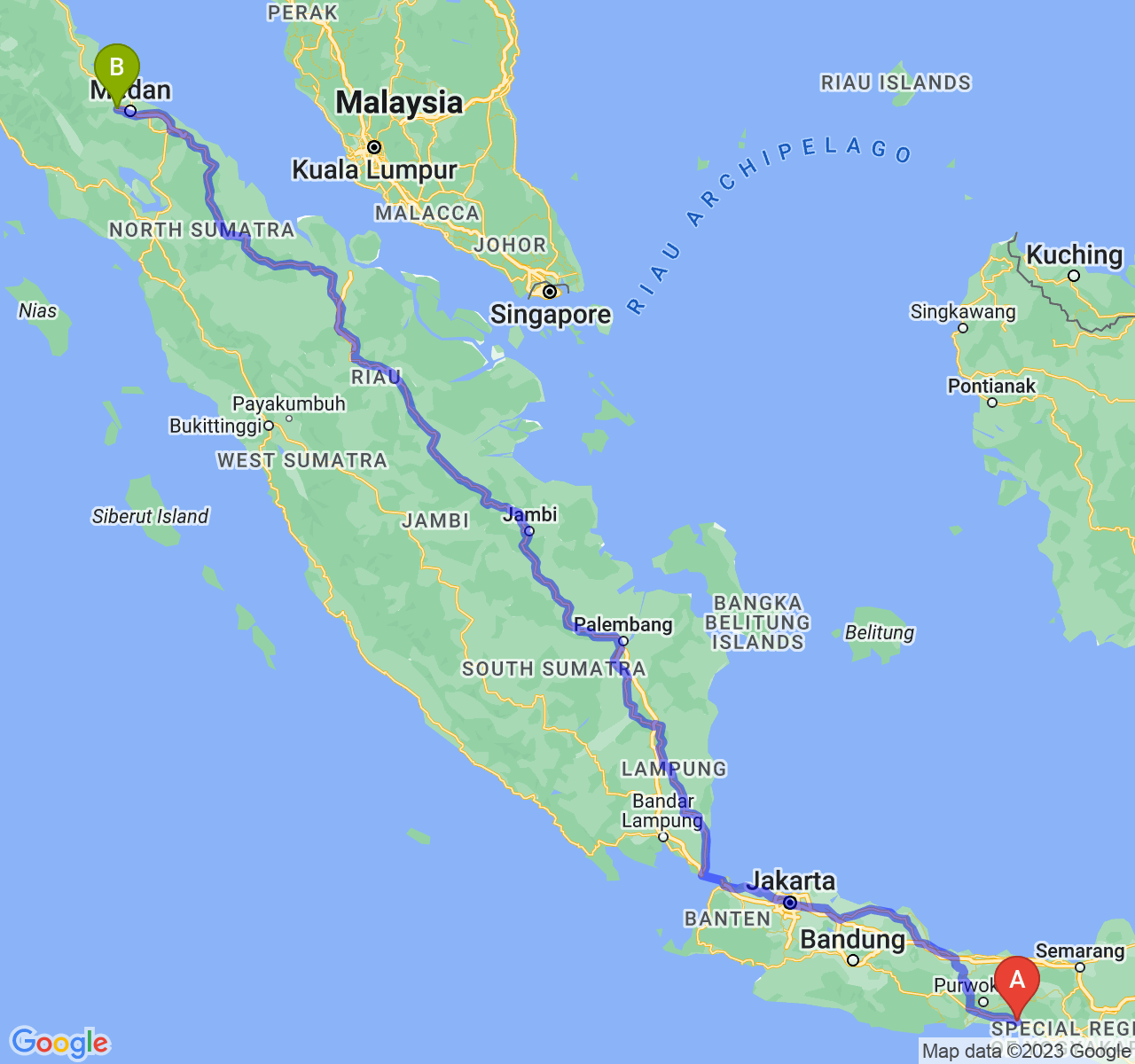 perjalanan dengan rute Kab. Kebumen-Kota Binjai