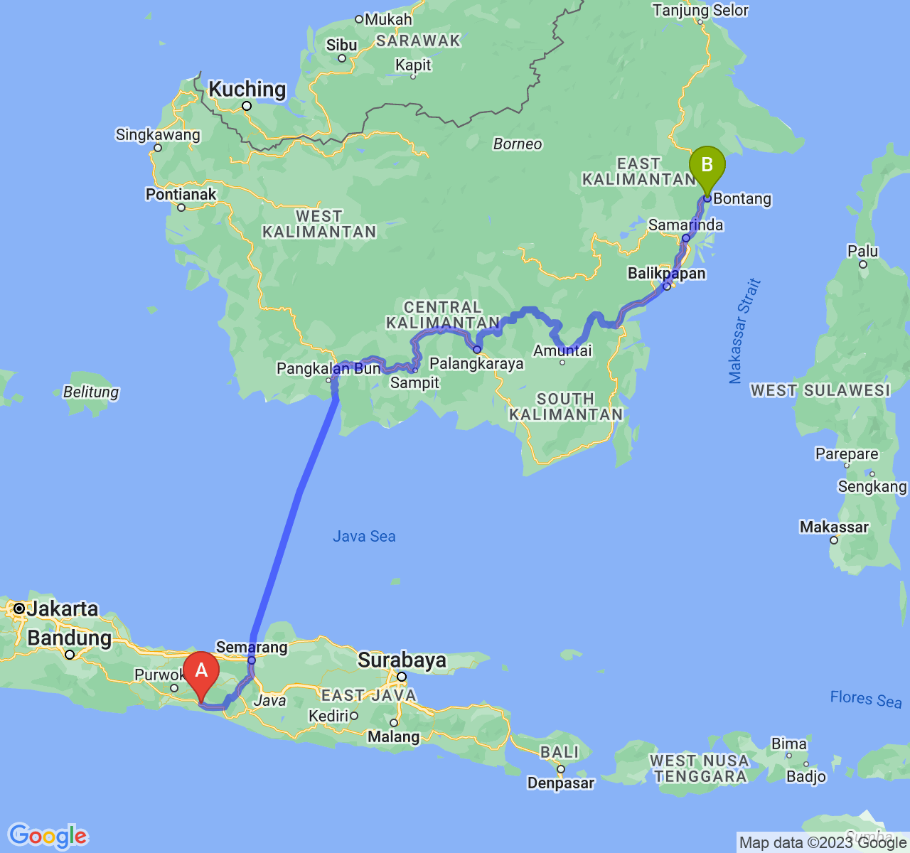 perjalanan dengan rute Kab. Kebumen-Kota Bontang