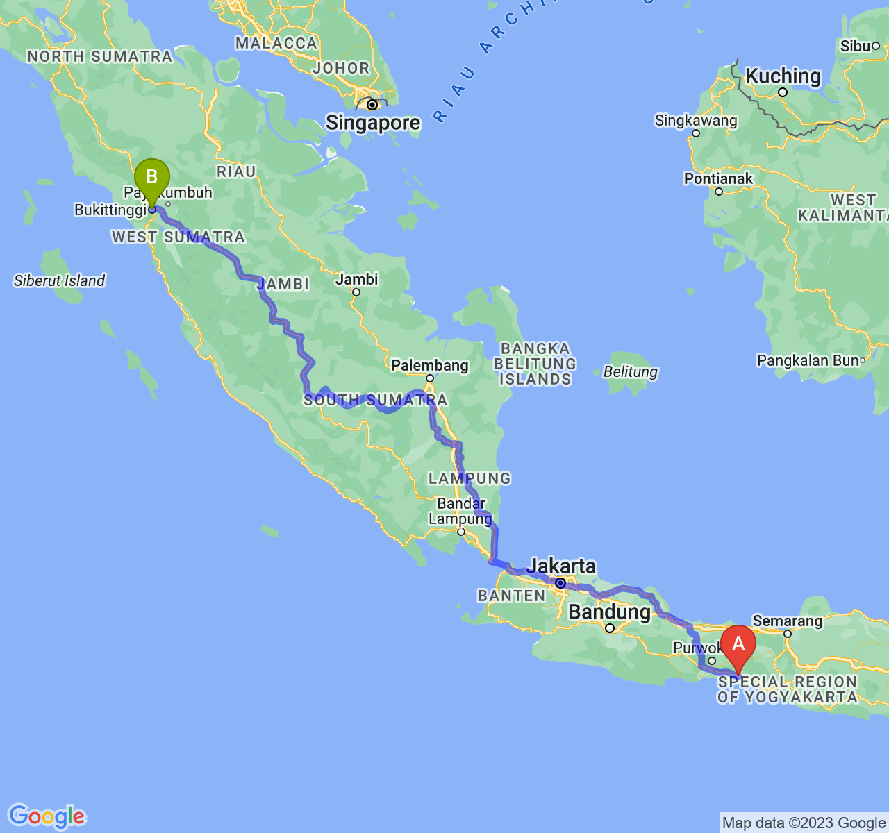 perjalanan dengan rute Kab. Kebumen-Kota Bukittinggi