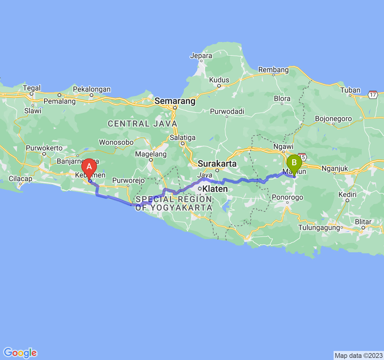 perjalanan dengan rute Kab. Kebumen-Kota Madiun