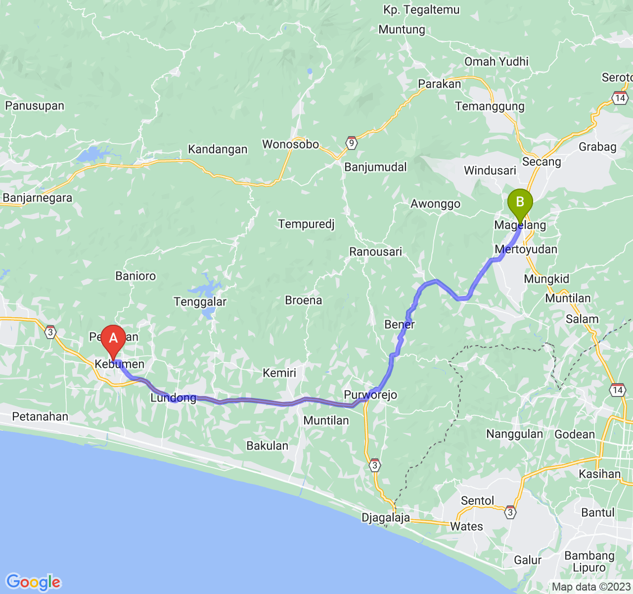 perjalanan dengan rute Kab. Kebumen-Kota Magelang