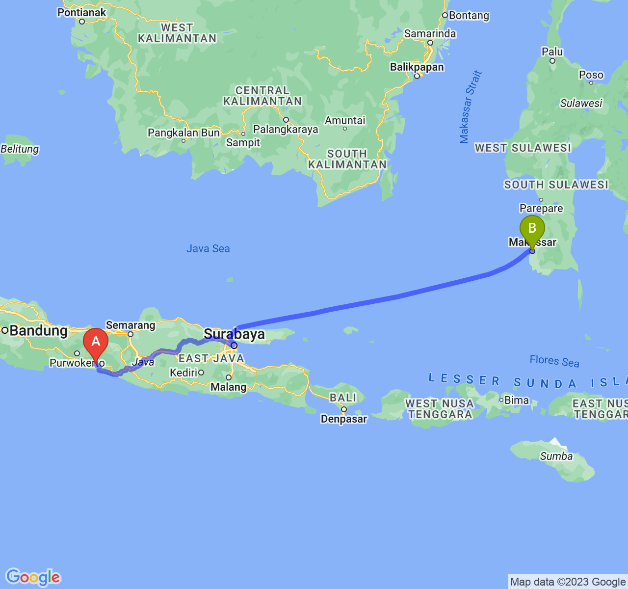 perjalanan dengan rute Kab. Kebumen-Kota Makassar