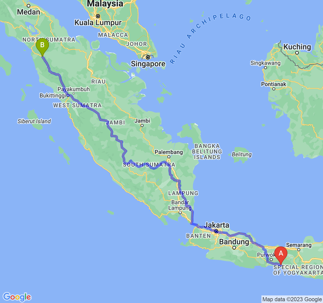 perjalanan dengan rute Kab. Kebumen-Kota Padang Sidimpuan