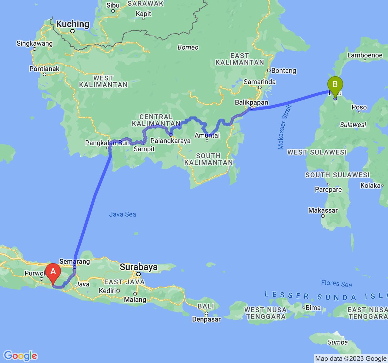 perjalanan dengan rute Kab. Kebumen-Kota Palu