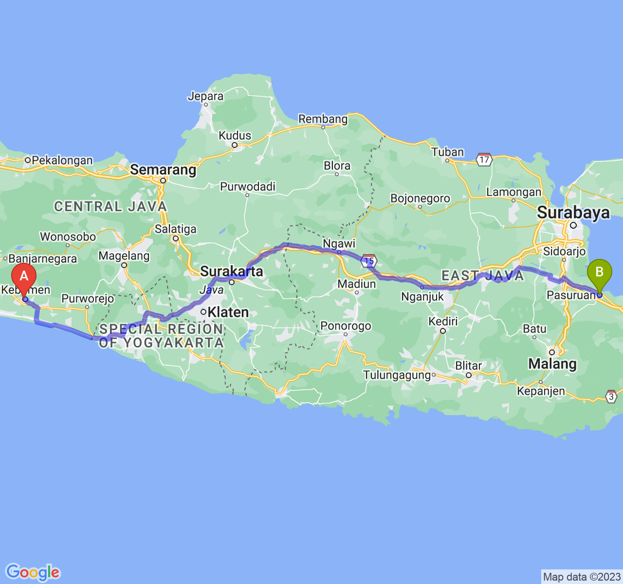 perjalanan dengan rute Kab. Kebumen-Kota Pasuruan