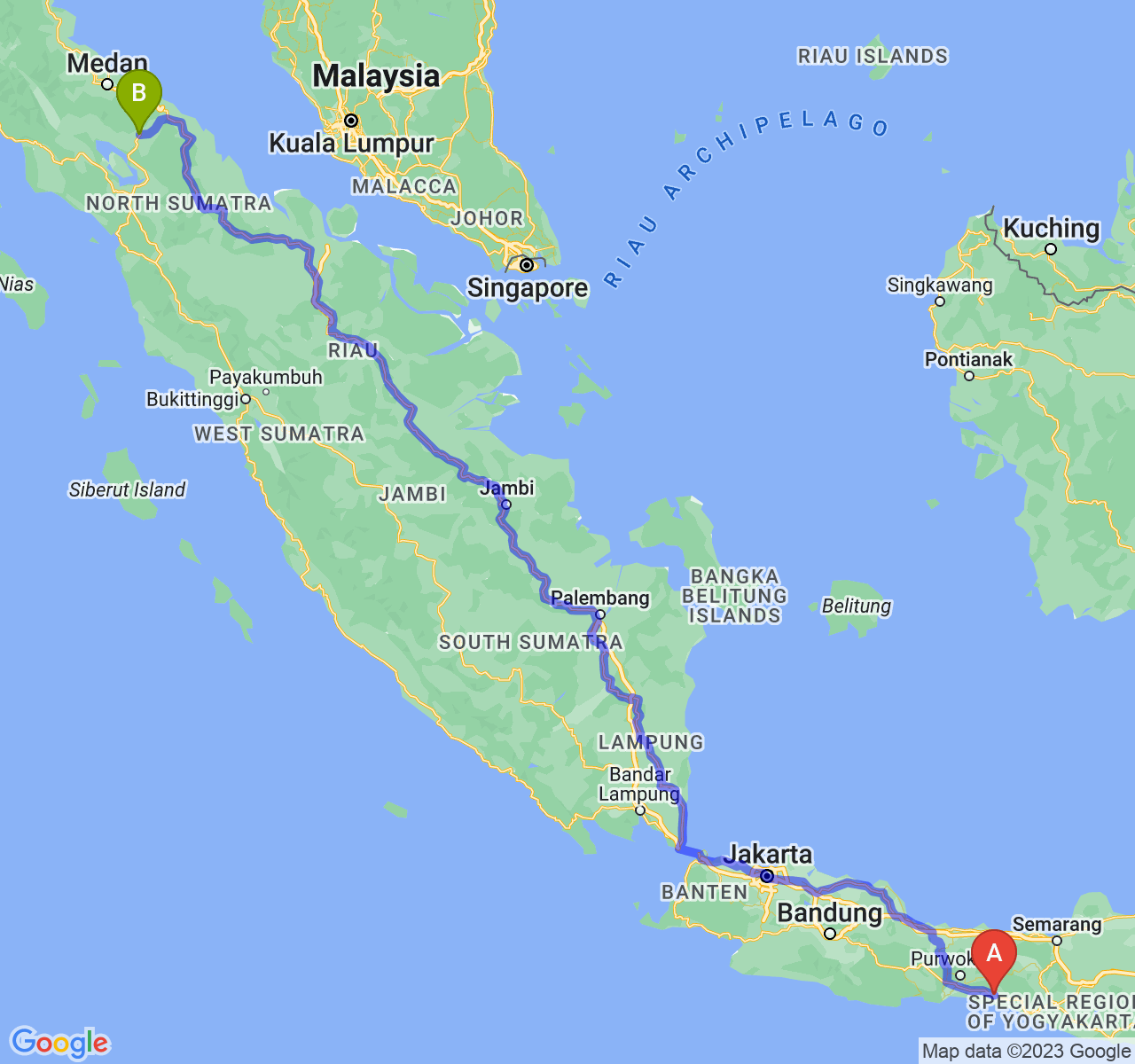 perjalanan dengan rute Kab. Kebumen-Kota Pematangsiantar