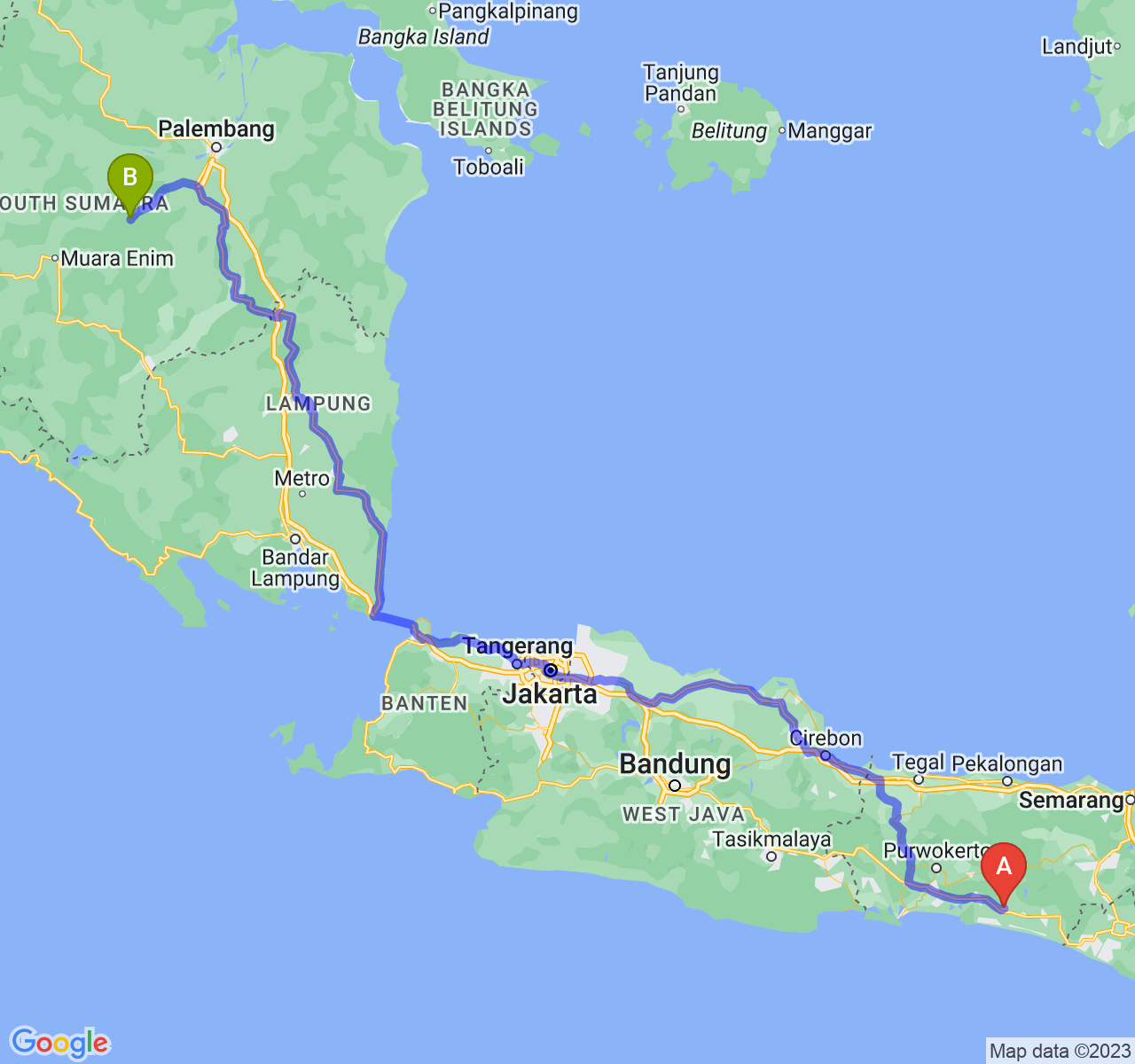 perjalanan dengan rute Kab. Kebumen-Kota Prabumulih