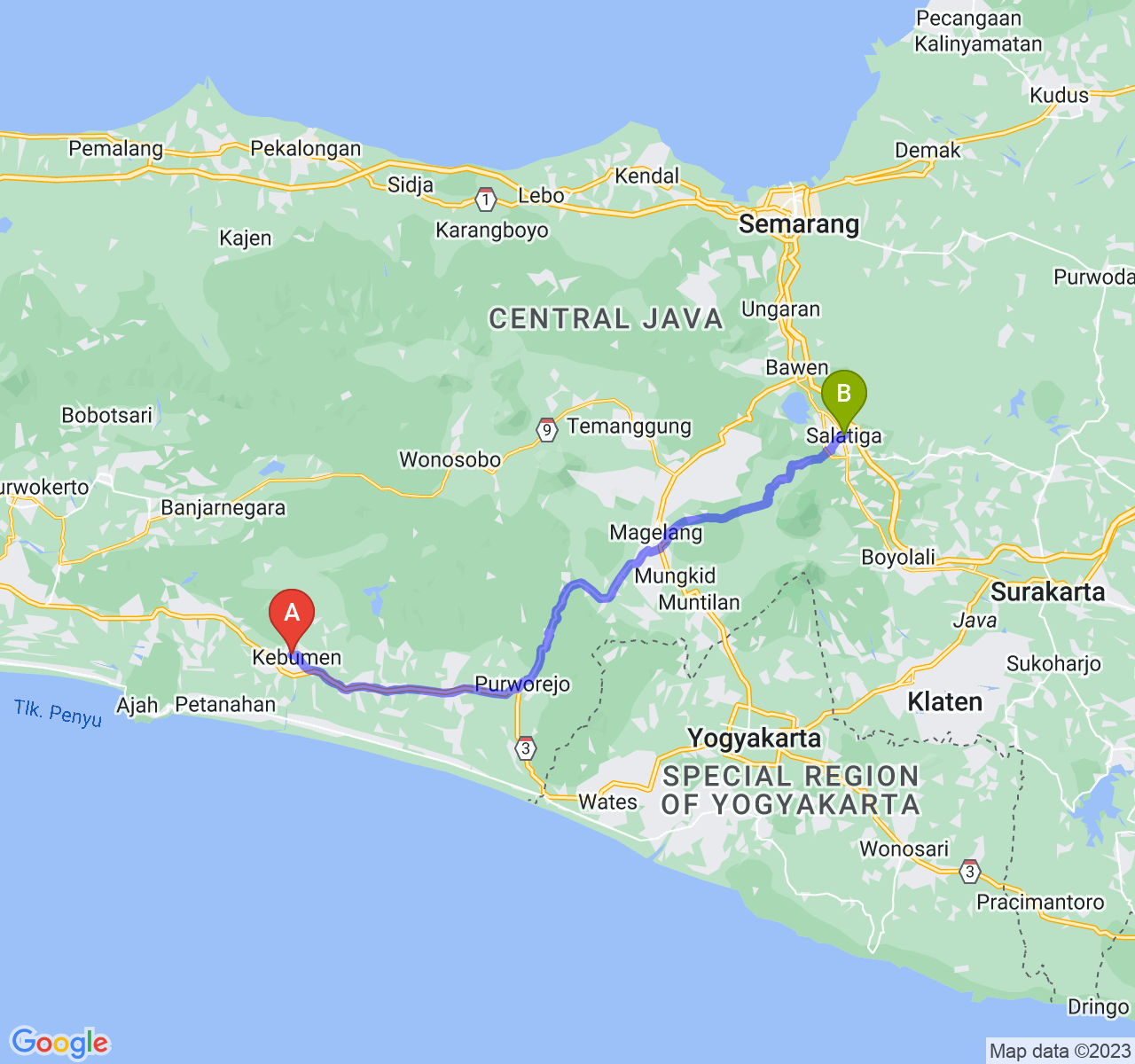 perjalanan dengan rute Kab. Kebumen-Kota Salatiga