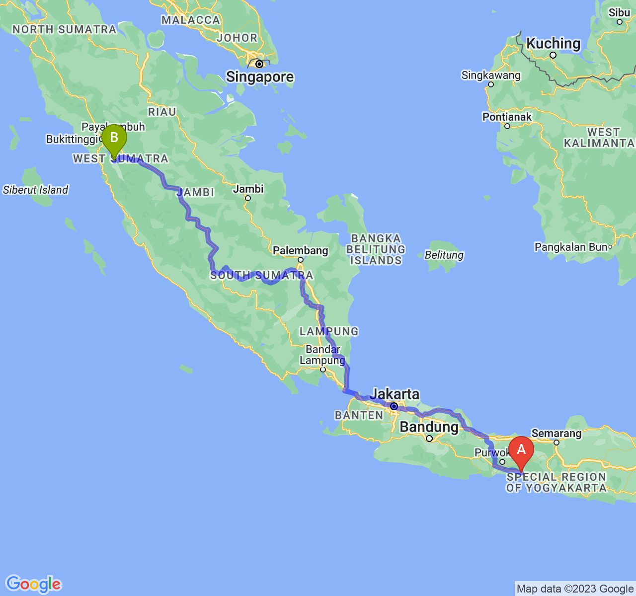 perjalanan dengan rute Kab. Kebumen-Kota Solok