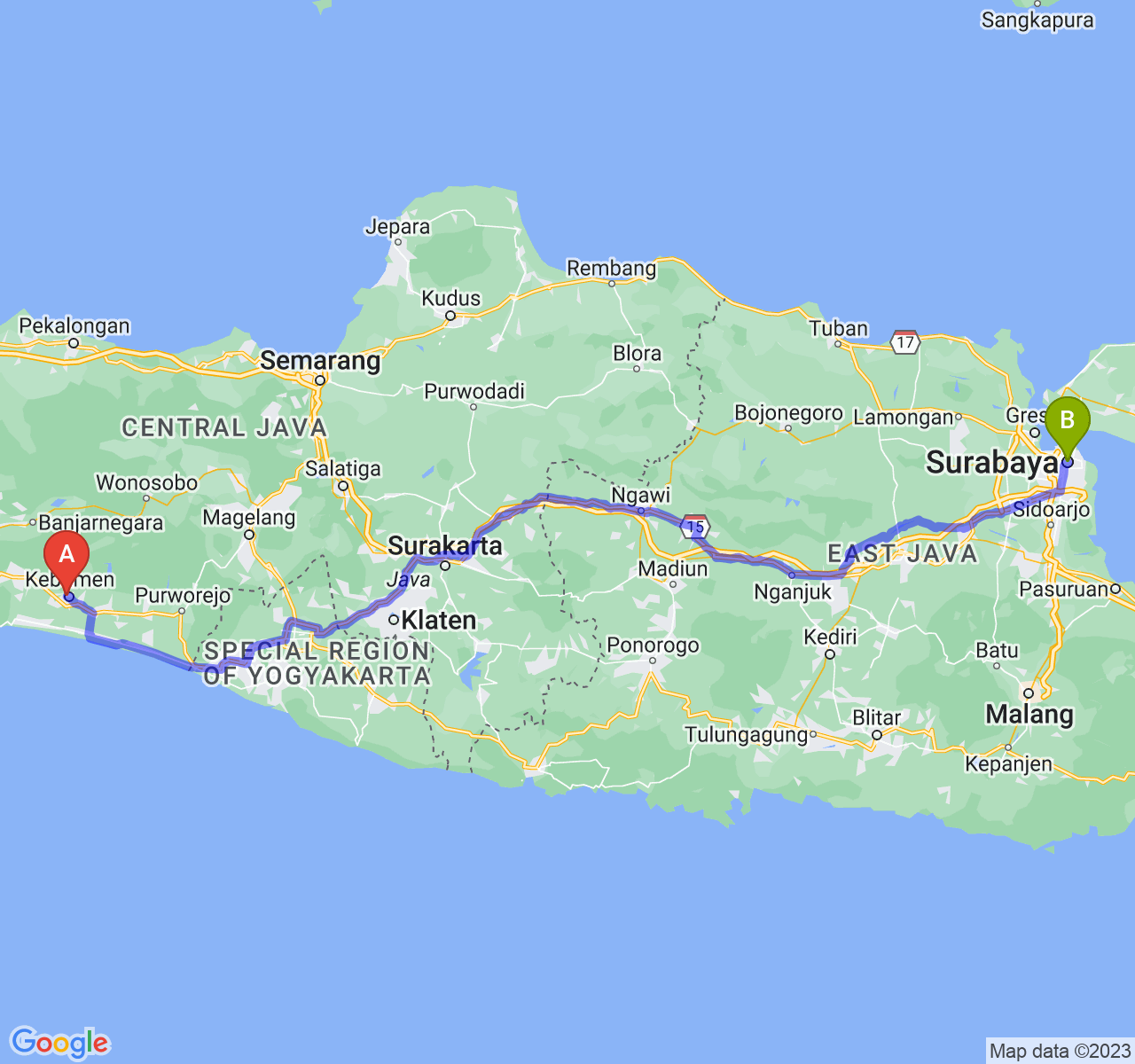 perjalanan dengan rute Kab. Kebumen-Kota Surabaya