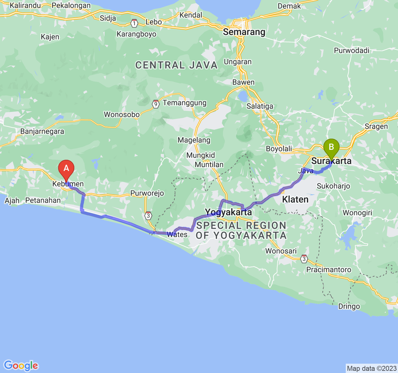 perjalanan dengan rute Kab. Kebumen-Kota Surakarta