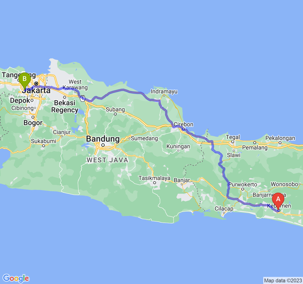 perjalanan dengan rute Kab. Kebumen-Kota Tangerang Selatan