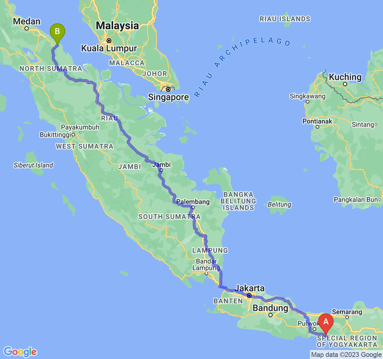 perjalanan dengan rute Kab. Kebumen-Kota Tanjung Balai