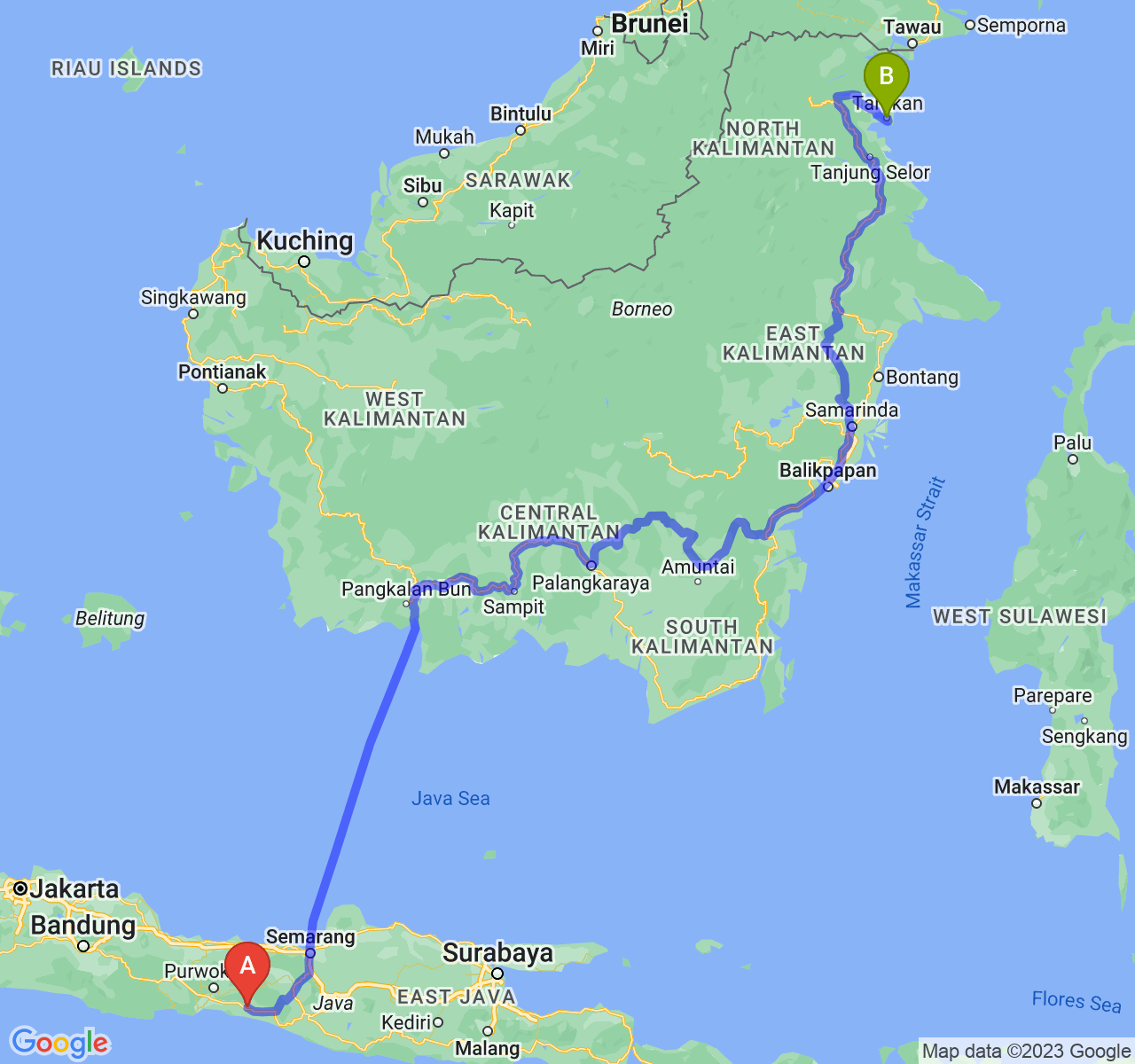 perjalanan dengan rute Kab. Kebumen-Kota Tarakan