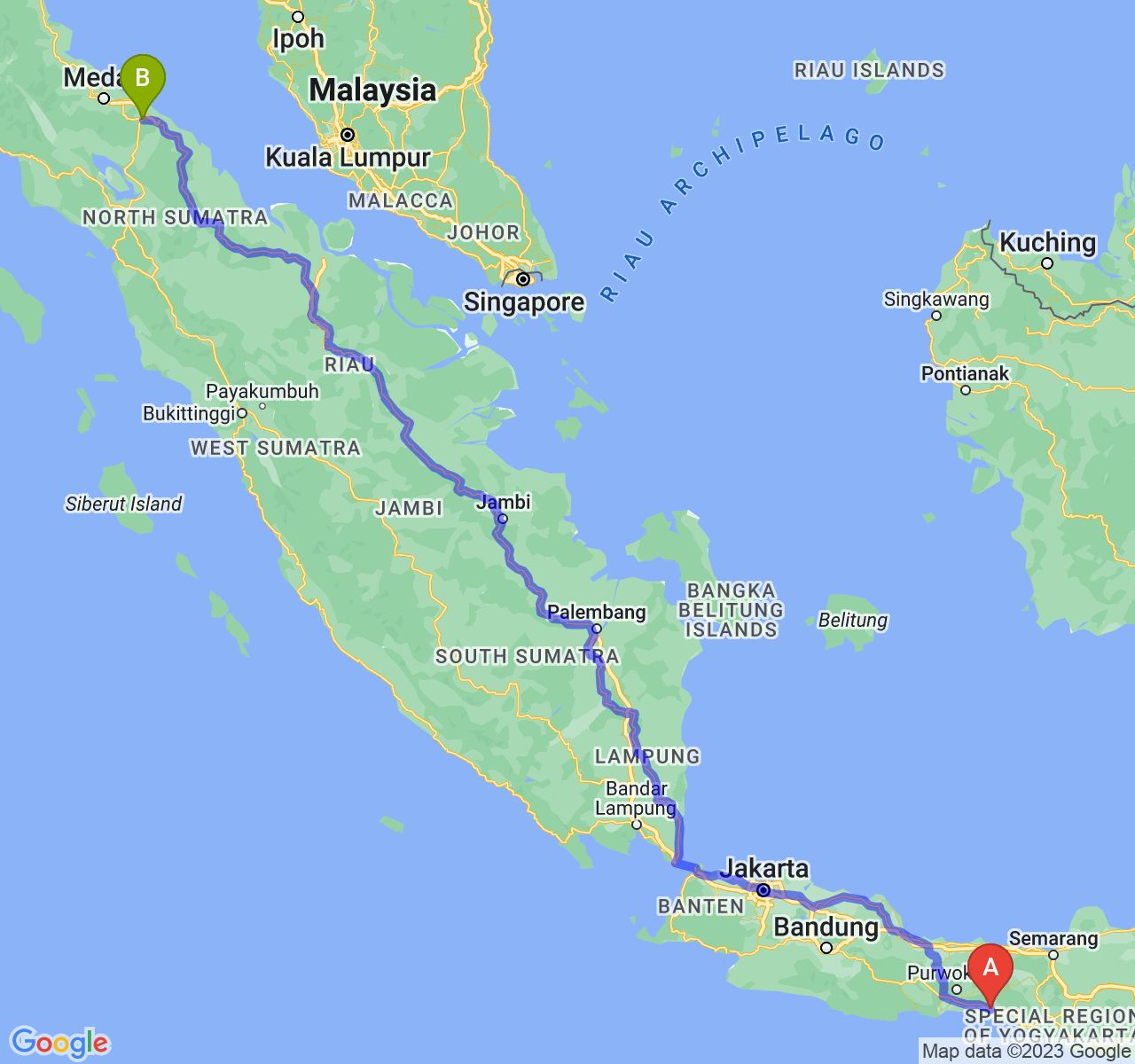 perjalanan dengan rute Kab. Kebumen-Kota Tebing Tinggi