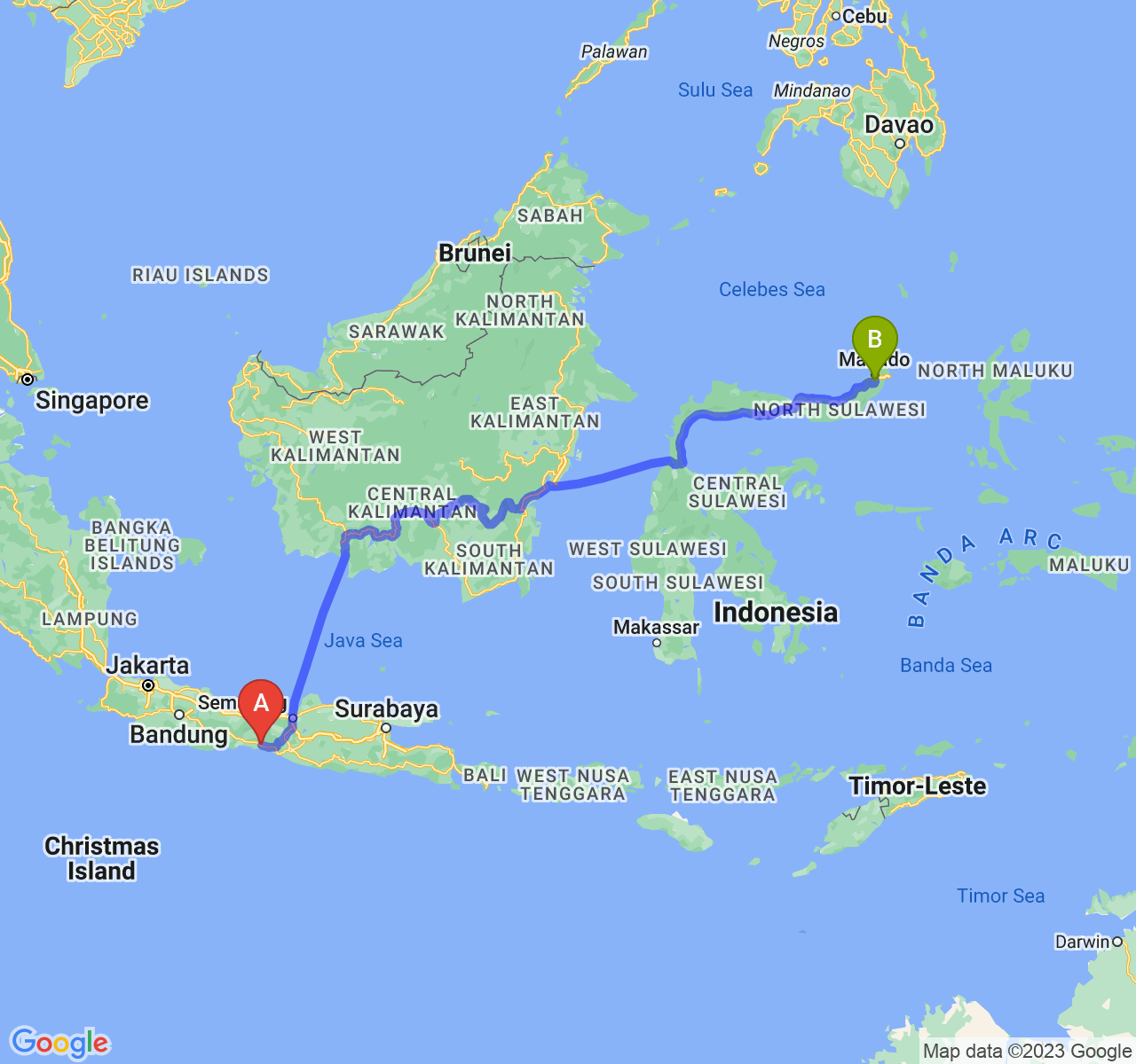 perjalanan dengan rute Kab. Kebumen-Kota Tomohon