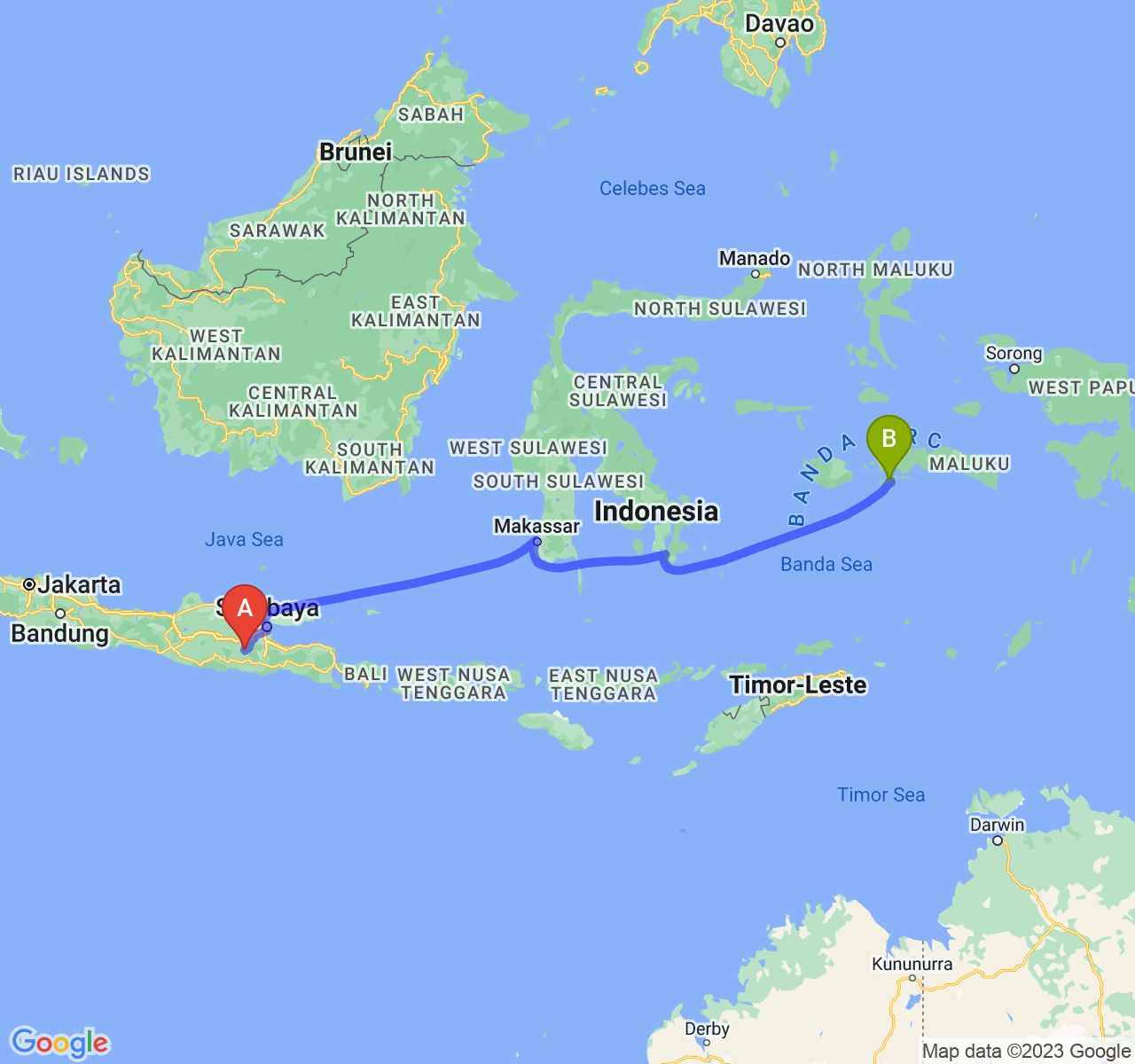 perjalanan dengan rute Kab. Kediri-Kota Ambon