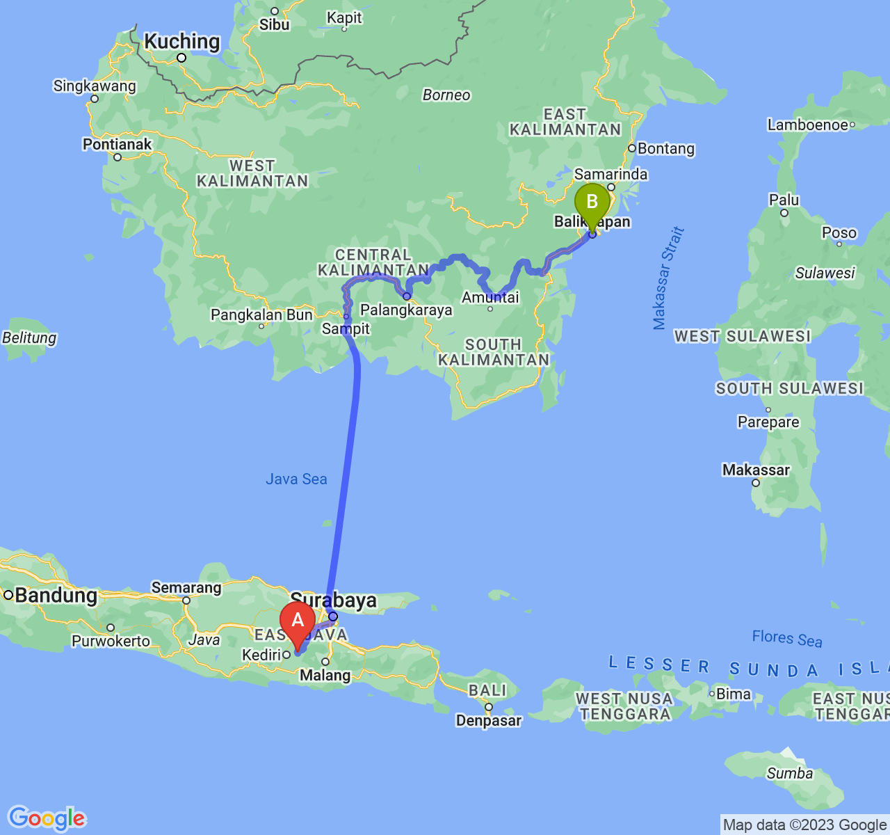 perjalanan dengan rute Kab. Kediri-Kota Balikpapan