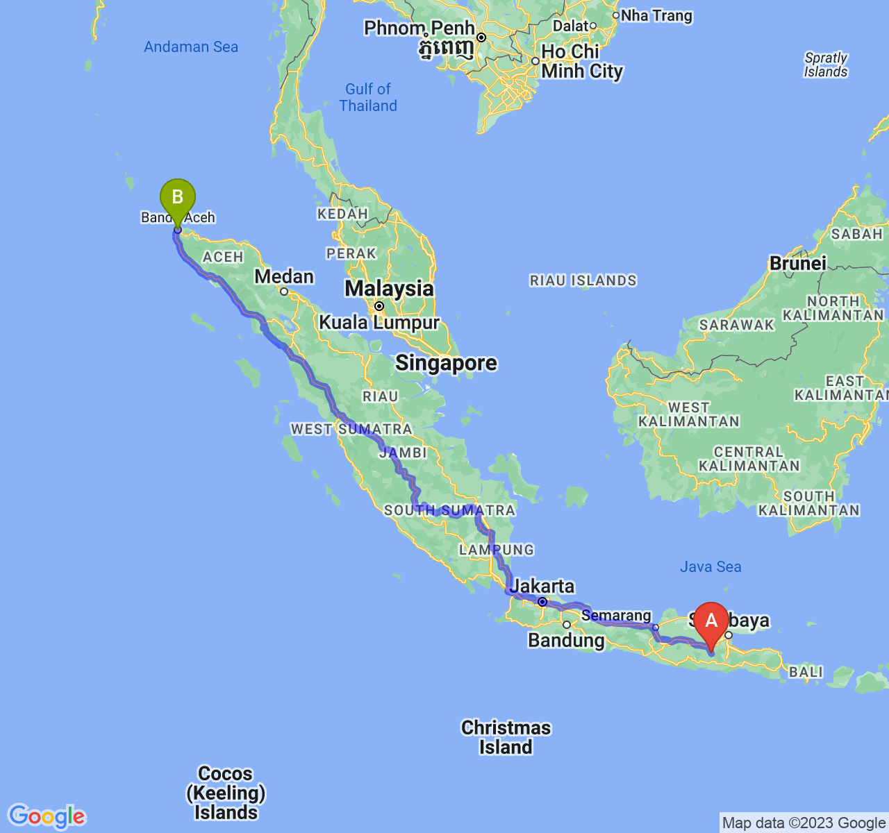 perjalanan dengan rute Kab. Kediri-Kota Banda Aceh