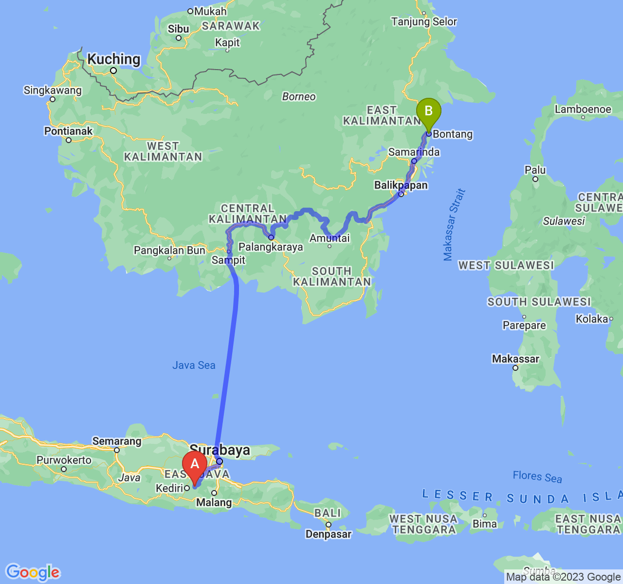 perjalanan dengan rute Kab. Kediri-Kota Bontang