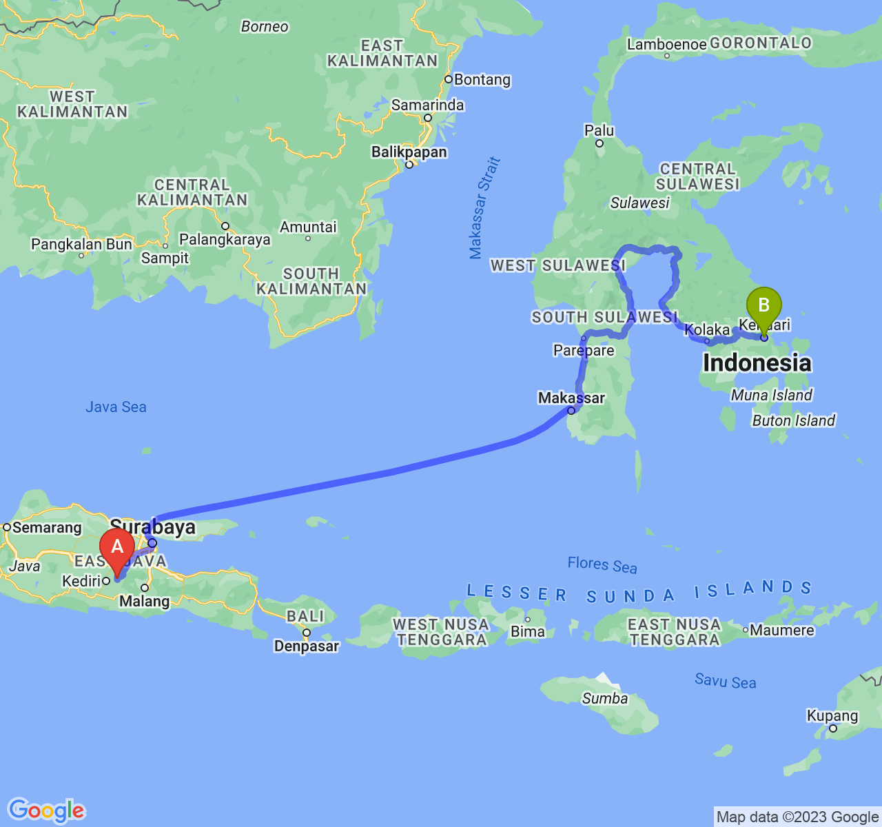 perjalanan dengan rute Kab. Kediri-Kota Kendari